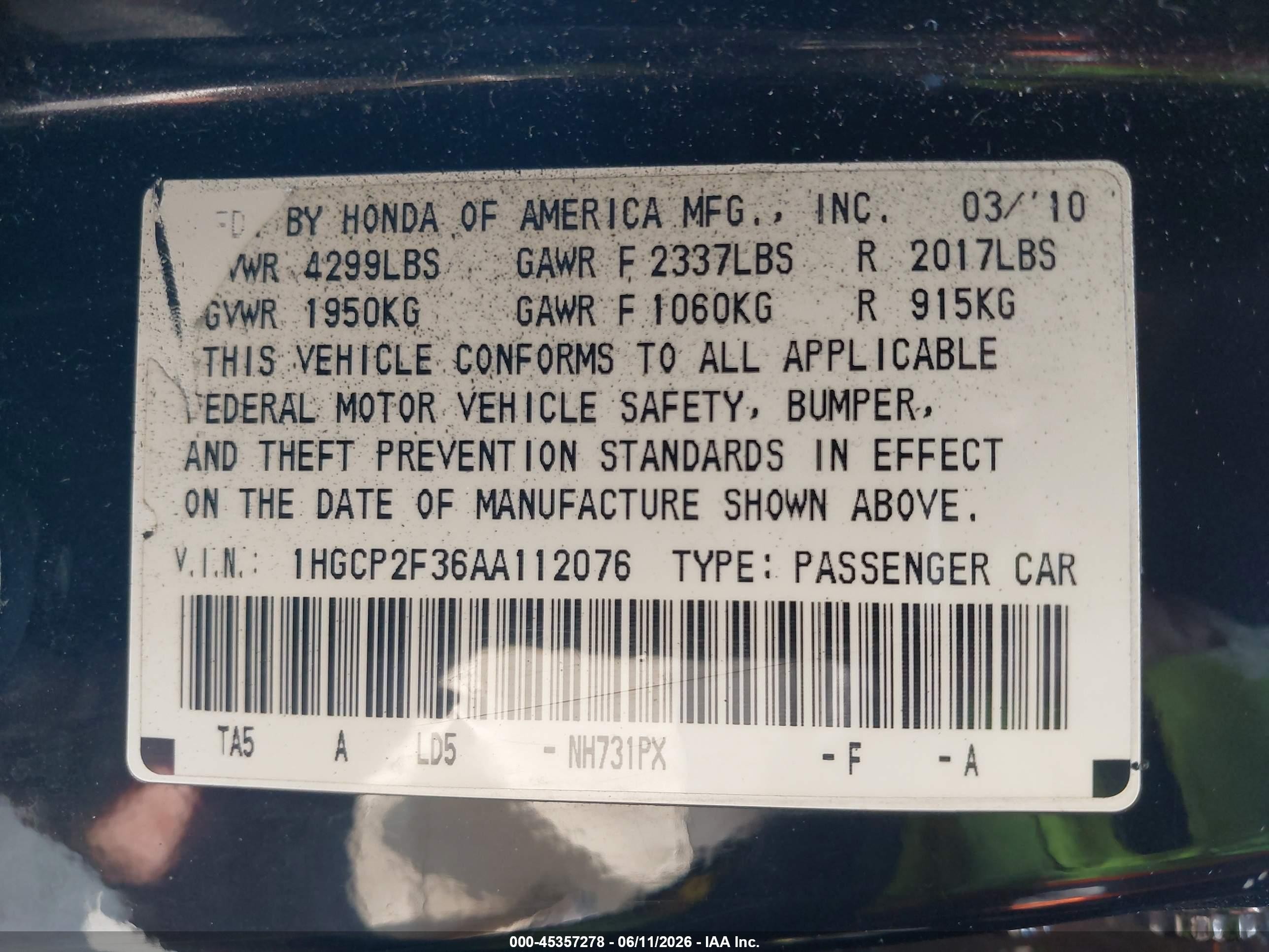 2010 Honda Accord 2.4 Lx Черный vin: 1HGCP2F36AA112076