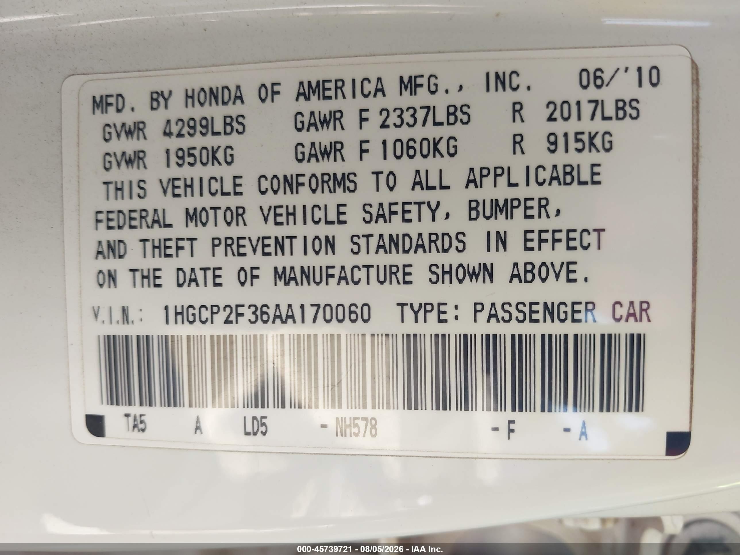 2010 Honda Accord 2.4 Lx Белый vin: 1HGCP2F36AA170060