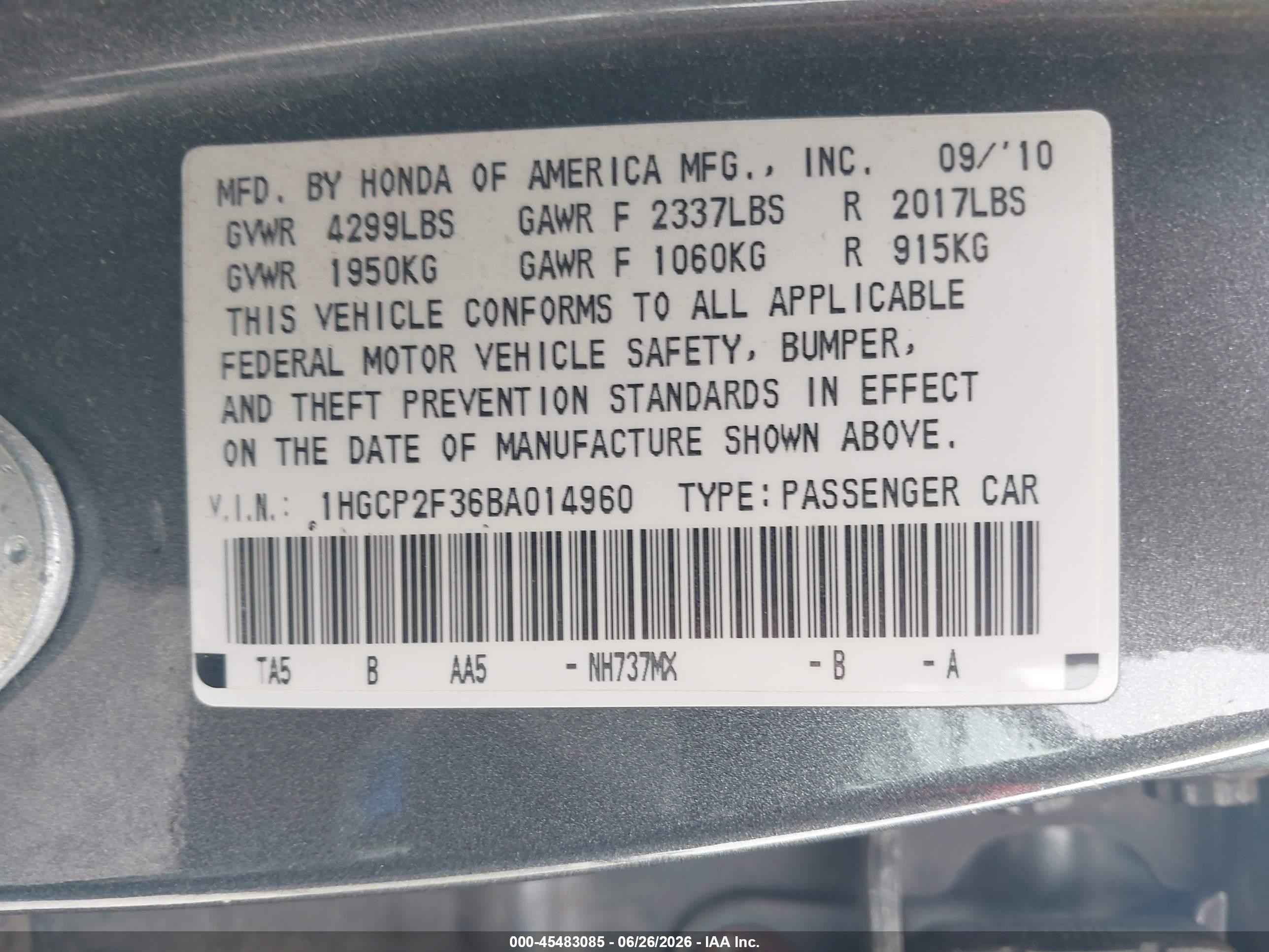 2011 Honda Accord 2.4 Lx Gray vin: 1HGCP2F36BA014960