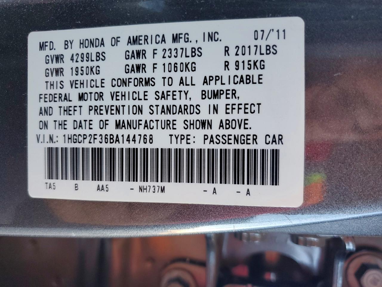 2011 Honda Accord Lx Gray vin: 1HGCP2F36BA144768