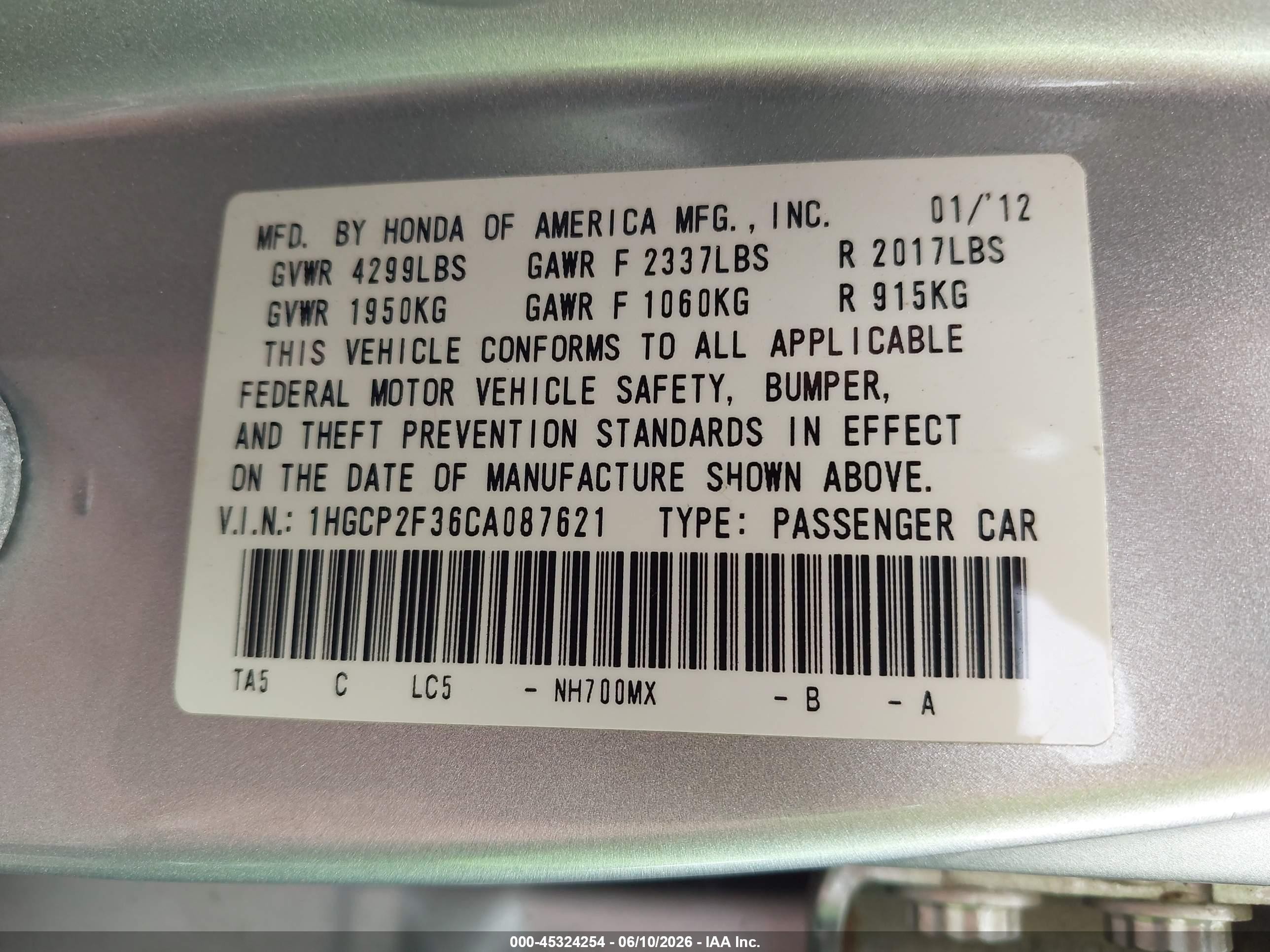 2012 Honda Accord 2.4 Lx Silver vin: 1HGCP2F36CA087621