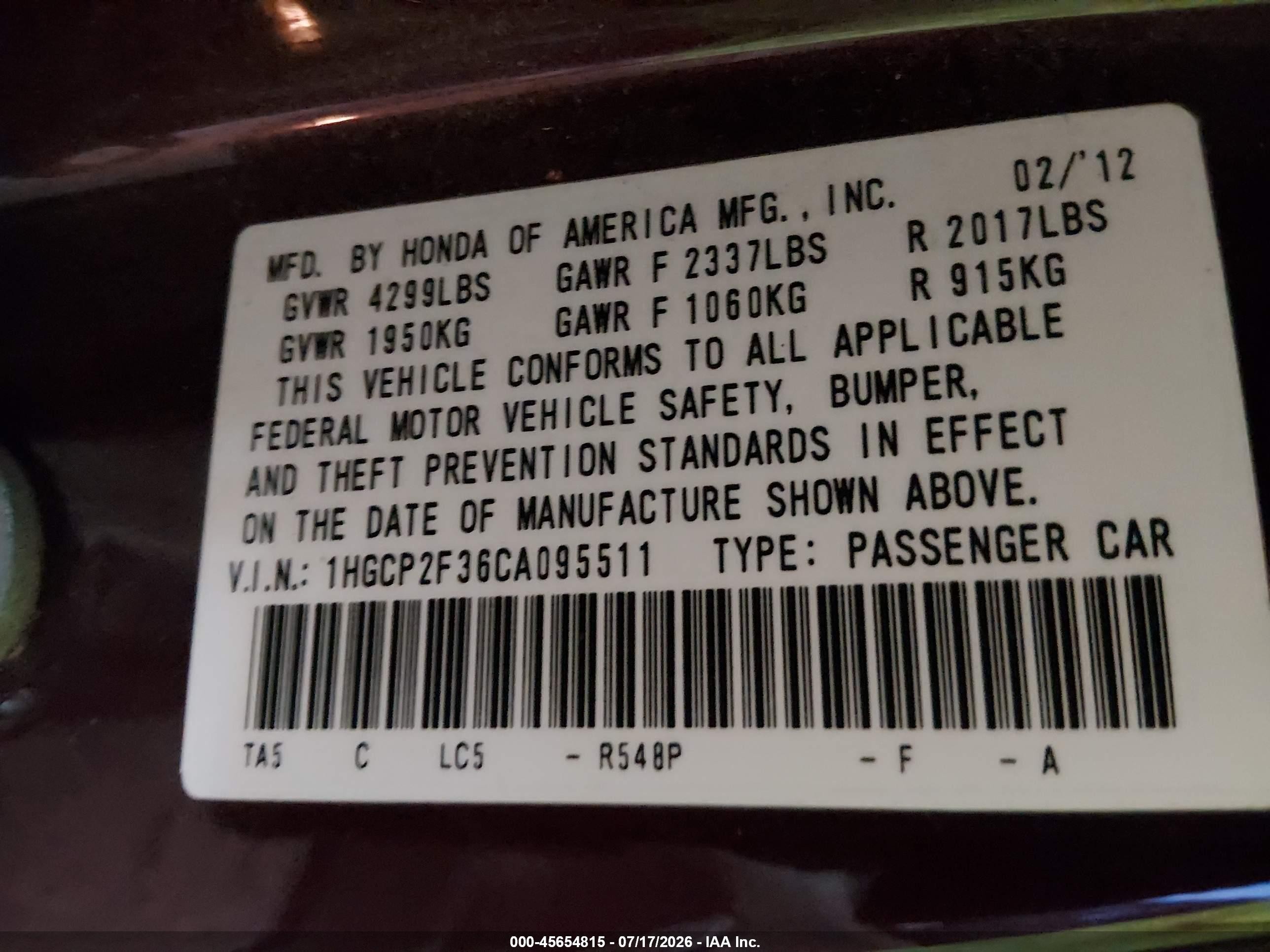 2012 Honda Accord Sdn Lx Maroon vin: 1HGCP2F36CA095511