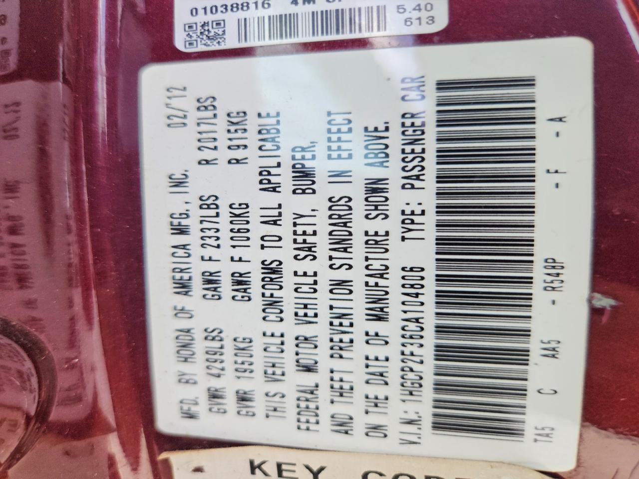 2012 Honda Accord Lx Burgundy vin: 1HGCP2F36CA104806
