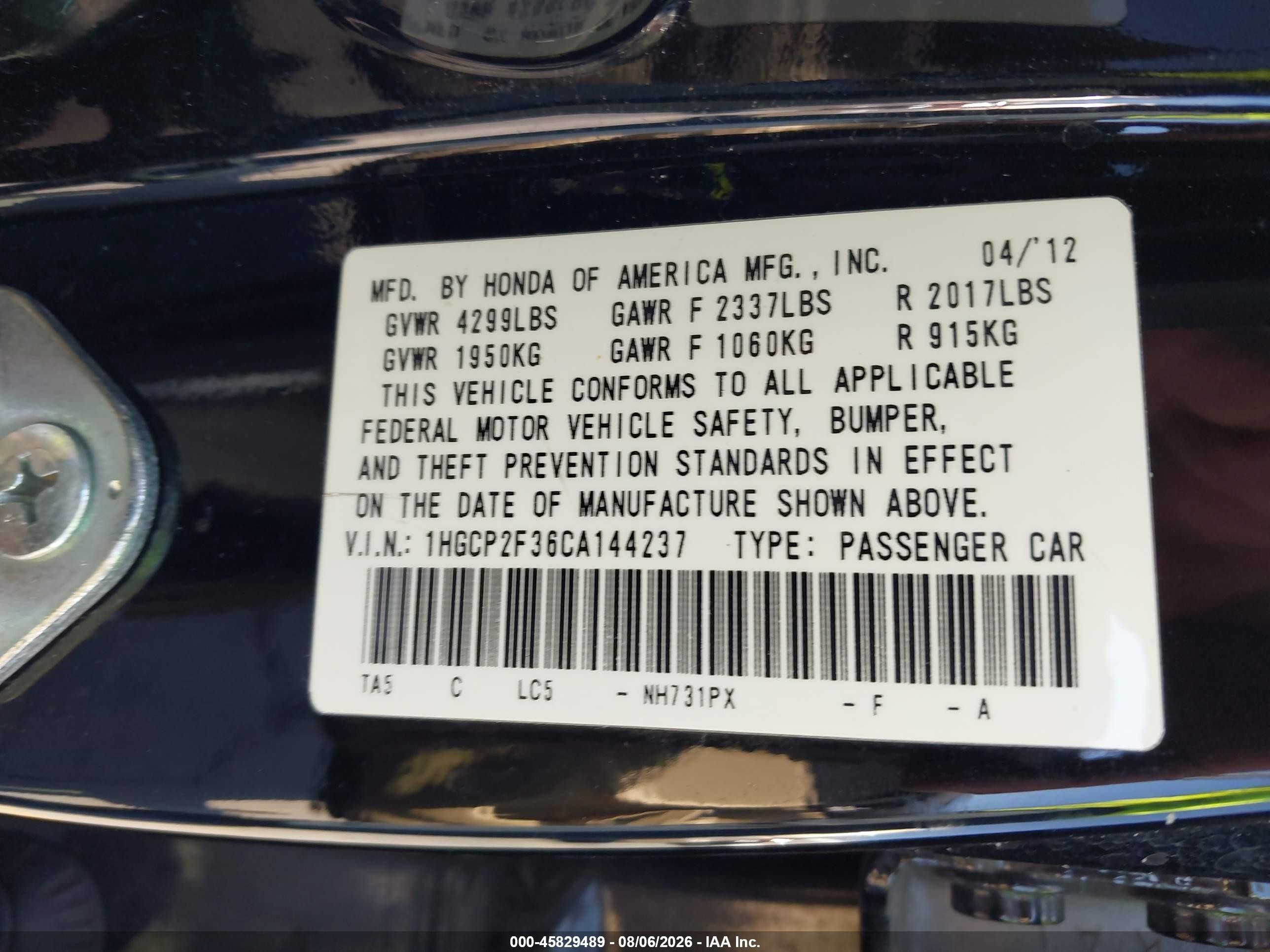 2012 Honda Accord Sdn Lx Черный vin: 1HGCP2F36CA144237