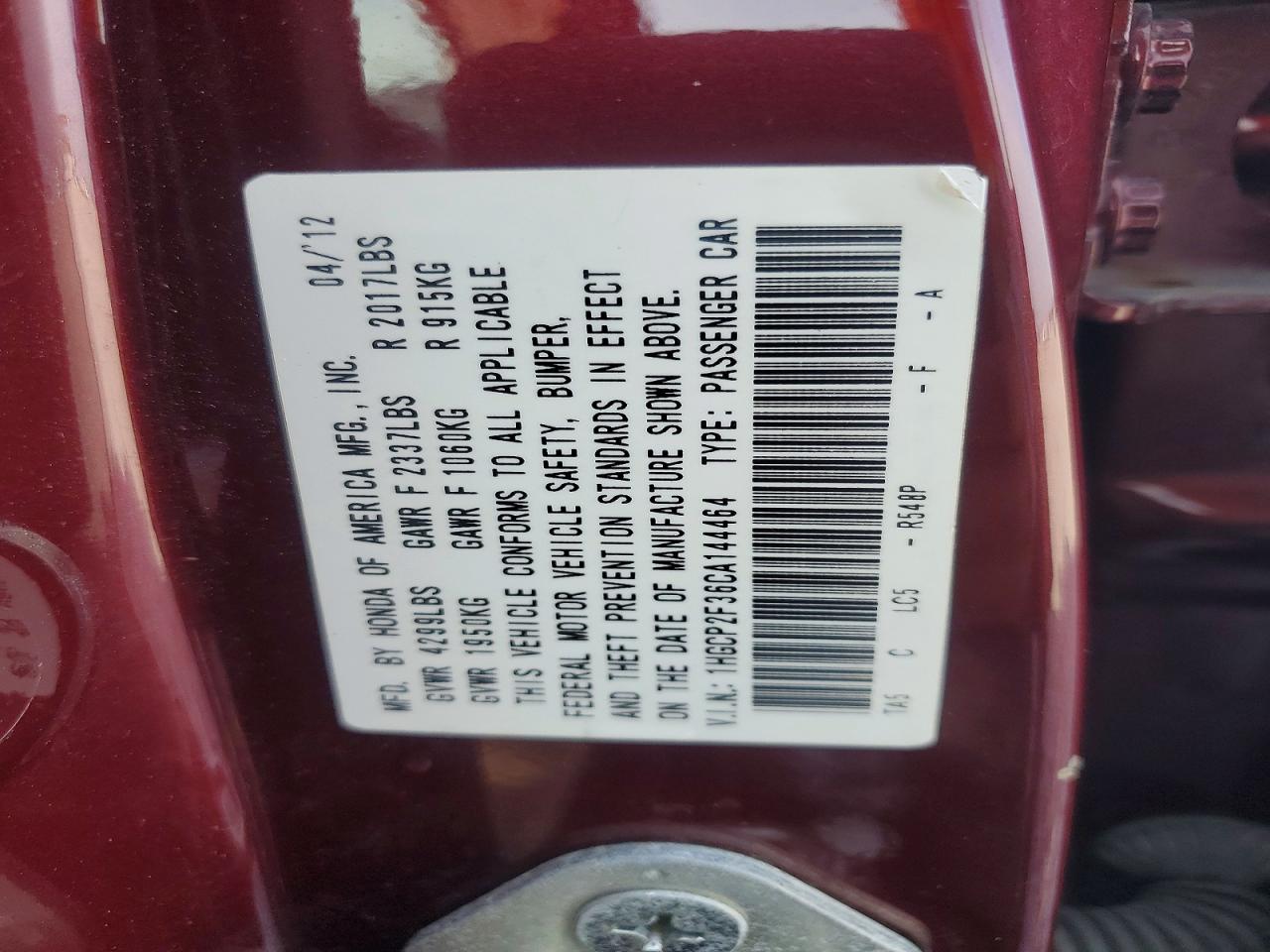 2012 Honda Accord Lx Burgundy vin: 1HGCP2F36CA144464