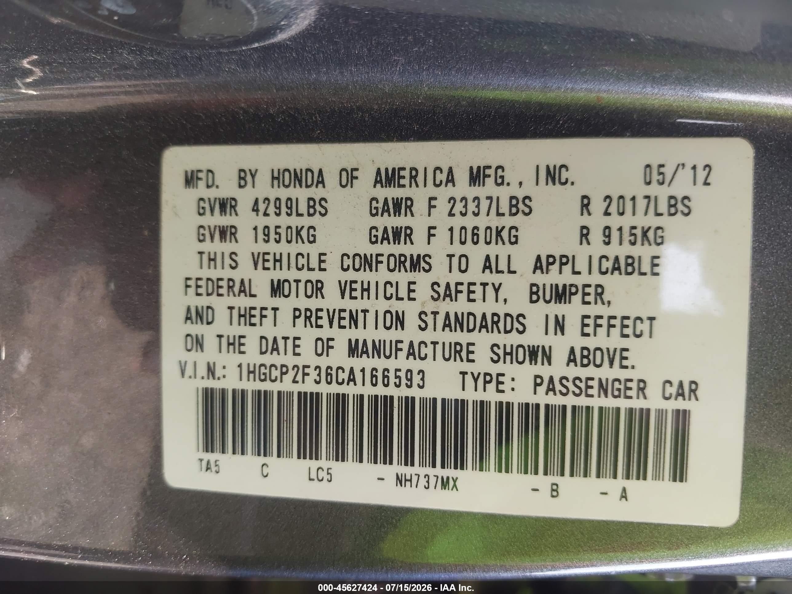 2012 Honda Accord Sdn Lx Серый vin: 1HGCP2F36CA166593