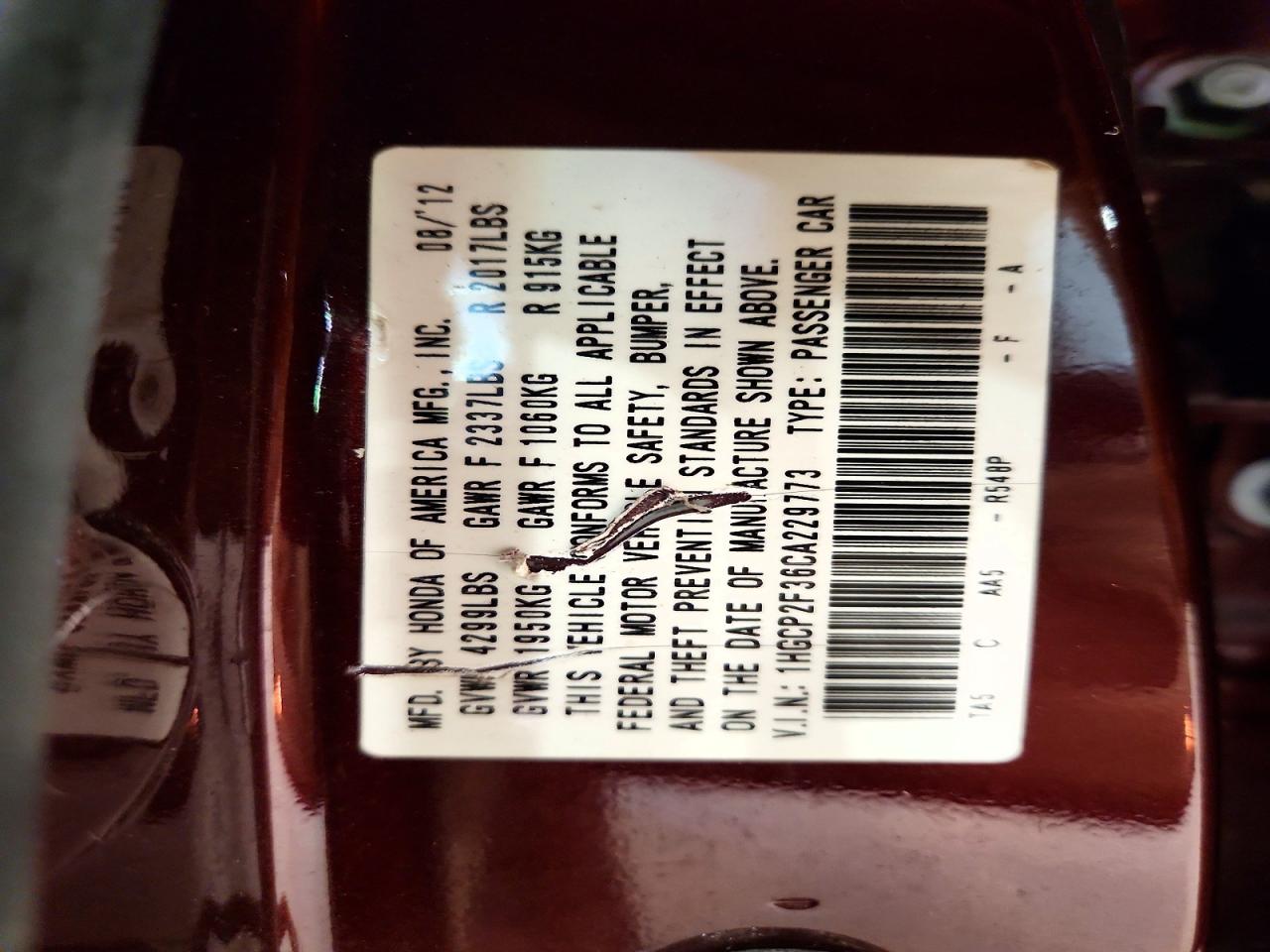 2012 Honda Accord Lx Burgundy vin: 1HGCP2F36CA229773