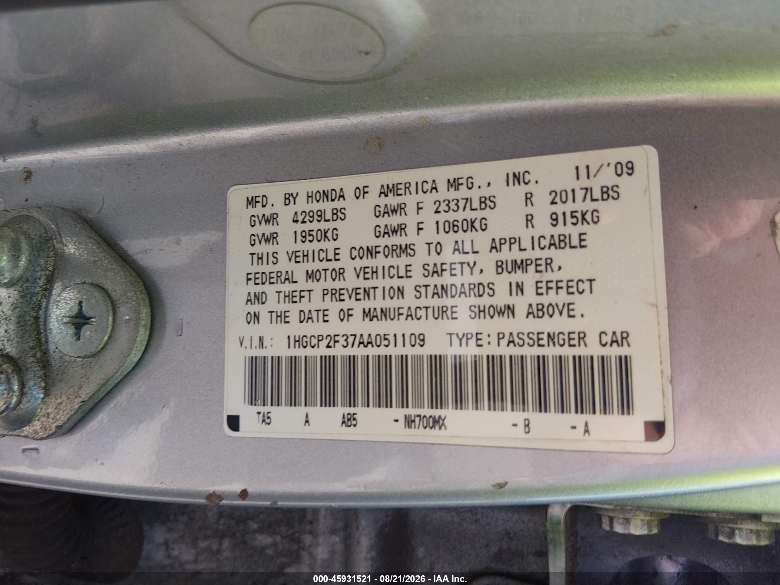2010 Honda Accord 2.4 Lx Silver vin: 1HGCP2F37AA051109
