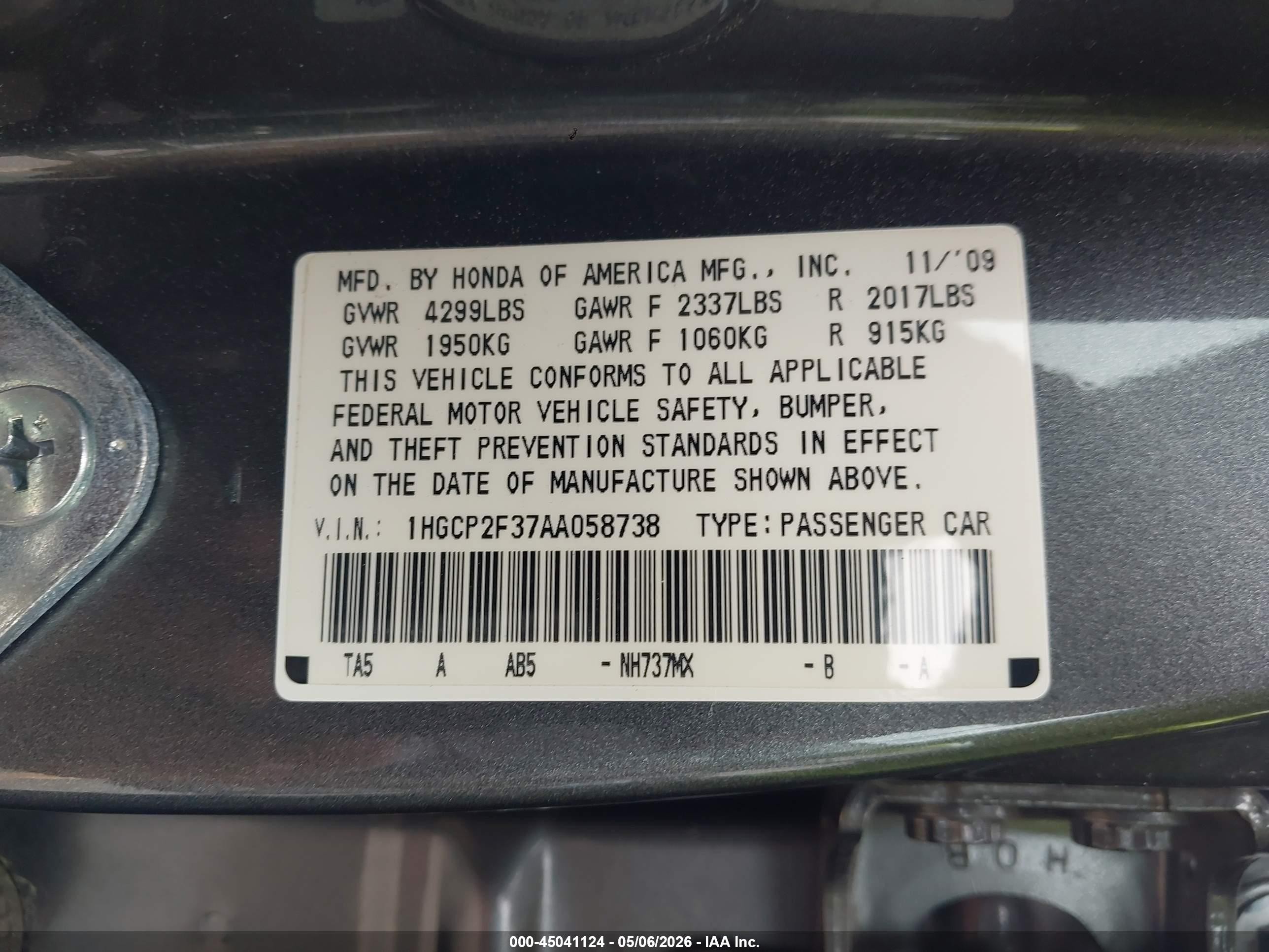 2010 Honda Accord 2.4 Lx Gray vin: 1HGCP2F37AA058738