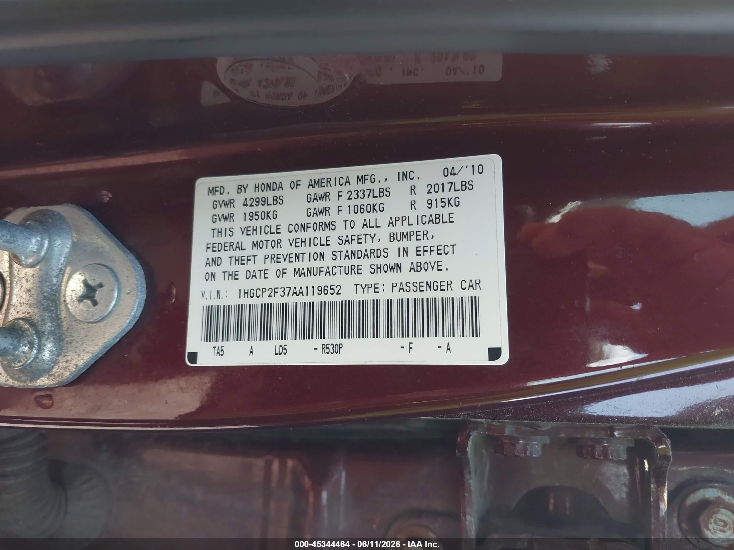 2010 Honda Accord 2.4 Lx Maroon vin: 1HGCP2F37AA119652