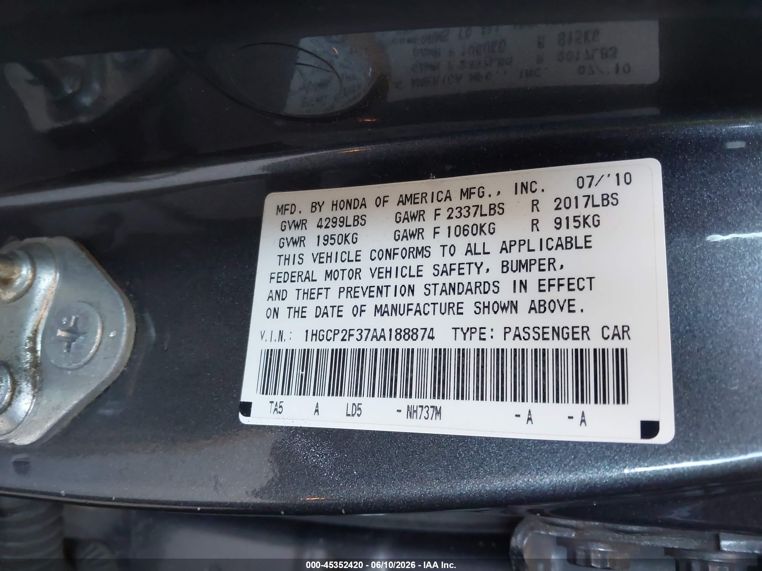 2010 Honda Accord 2.4 Lx Серый vin: 1HGCP2F37AA188874