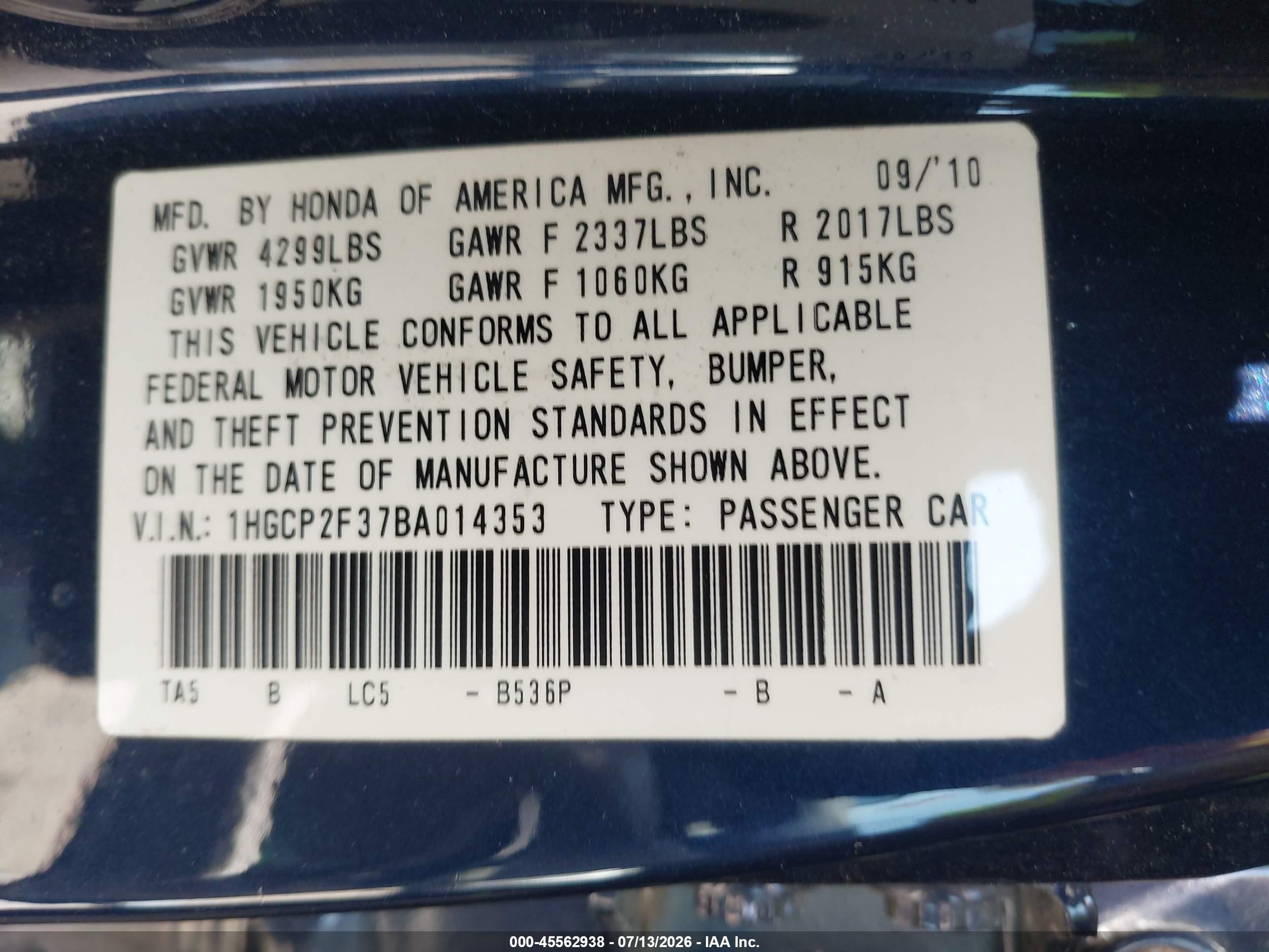 2011 Honda Accord 2.4 Lx Blue vin: 1HGCP2F37BA014353