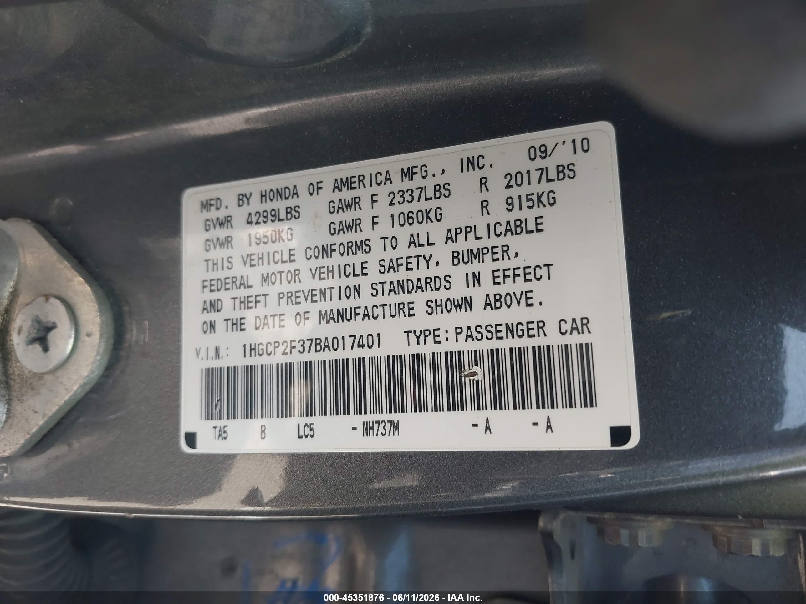2011 Honda Accord 2.4 Lx Gray vin: 1HGCP2F37BA017401