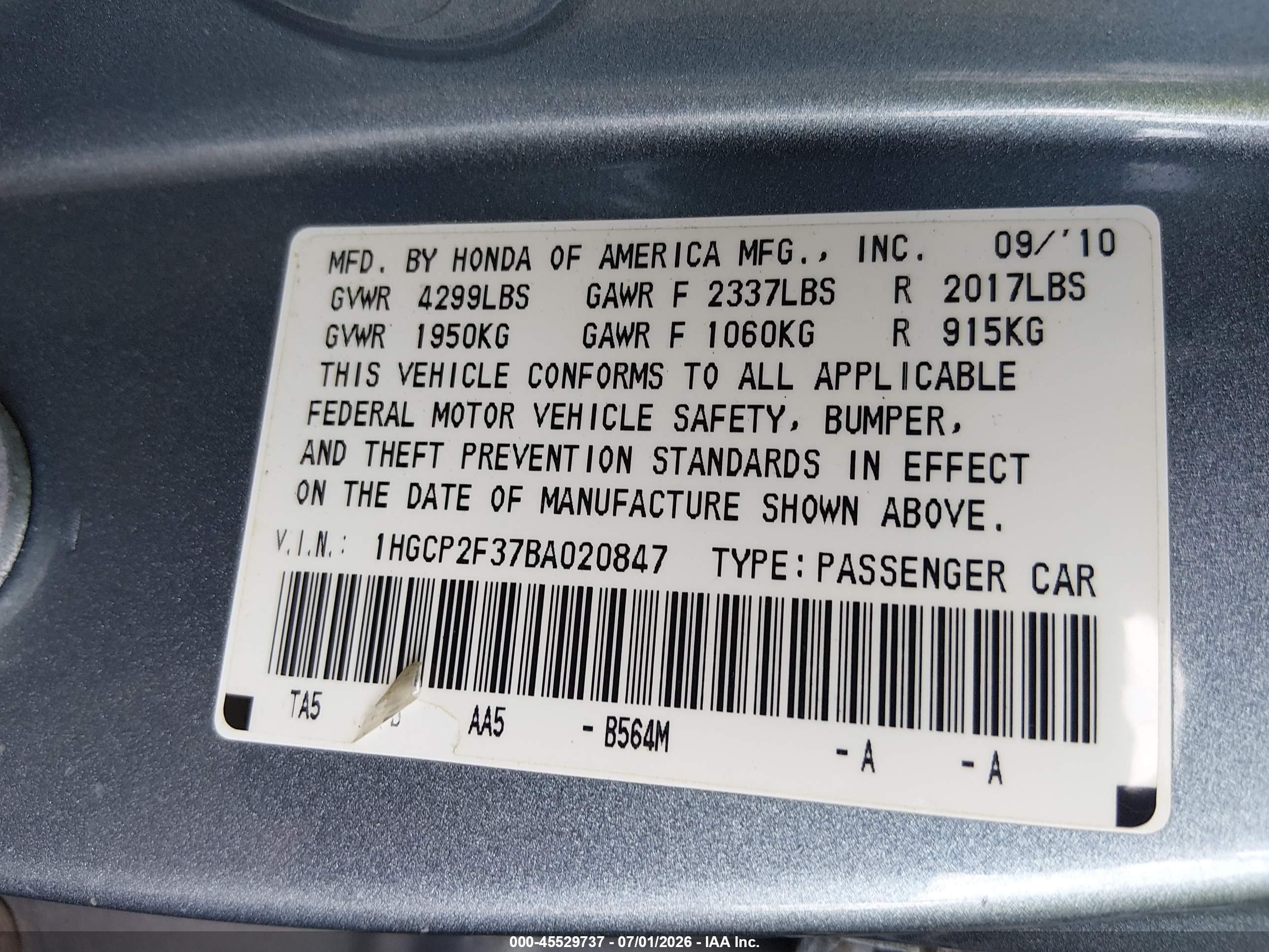 2011 Honda Accord 2.4 Lx Blue vin: 1HGCP2F37BA020847