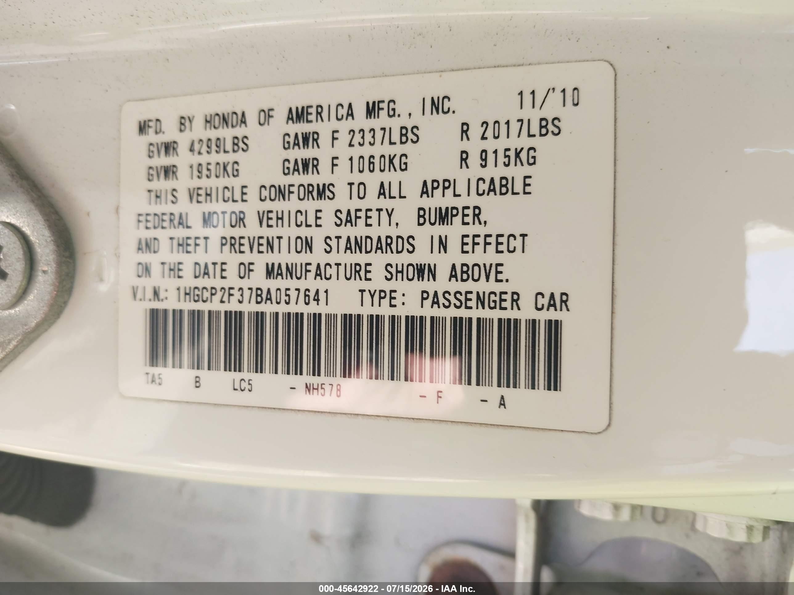 2011 Honda Accord 2.4 Lx White vin: 1HGCP2F37BA057641
