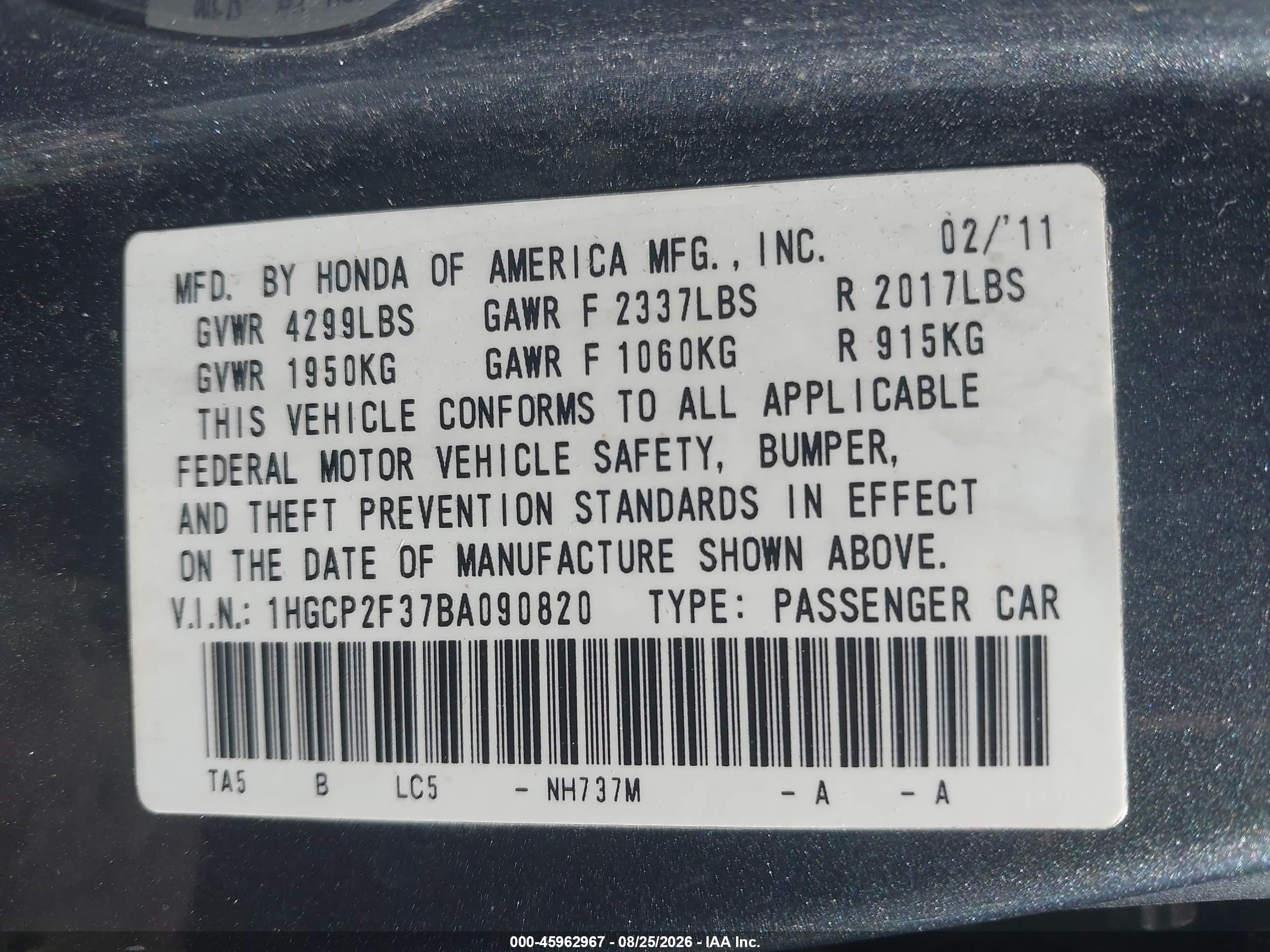 2011 Honda Accord 2.4 Lx Gray vin: 1HGCP2F37BA090820