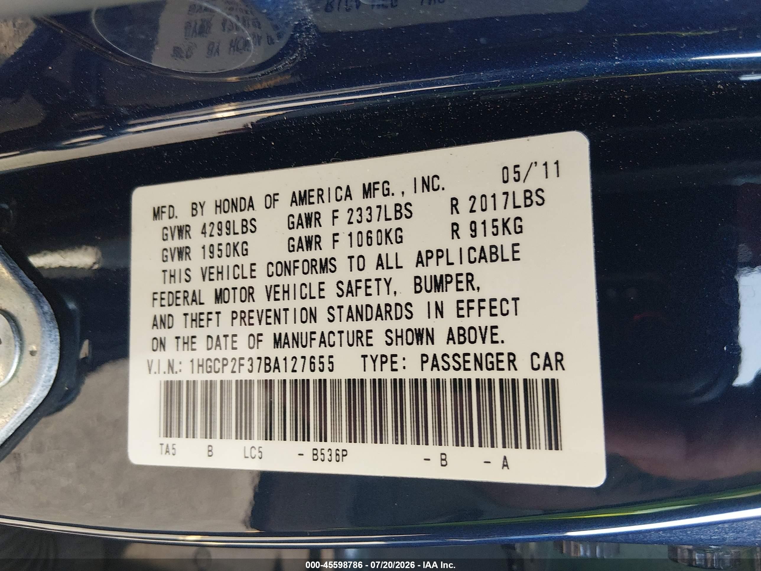 2011 Honda Accord 2.4 Lx Синий vin: 1HGCP2F37BA127655