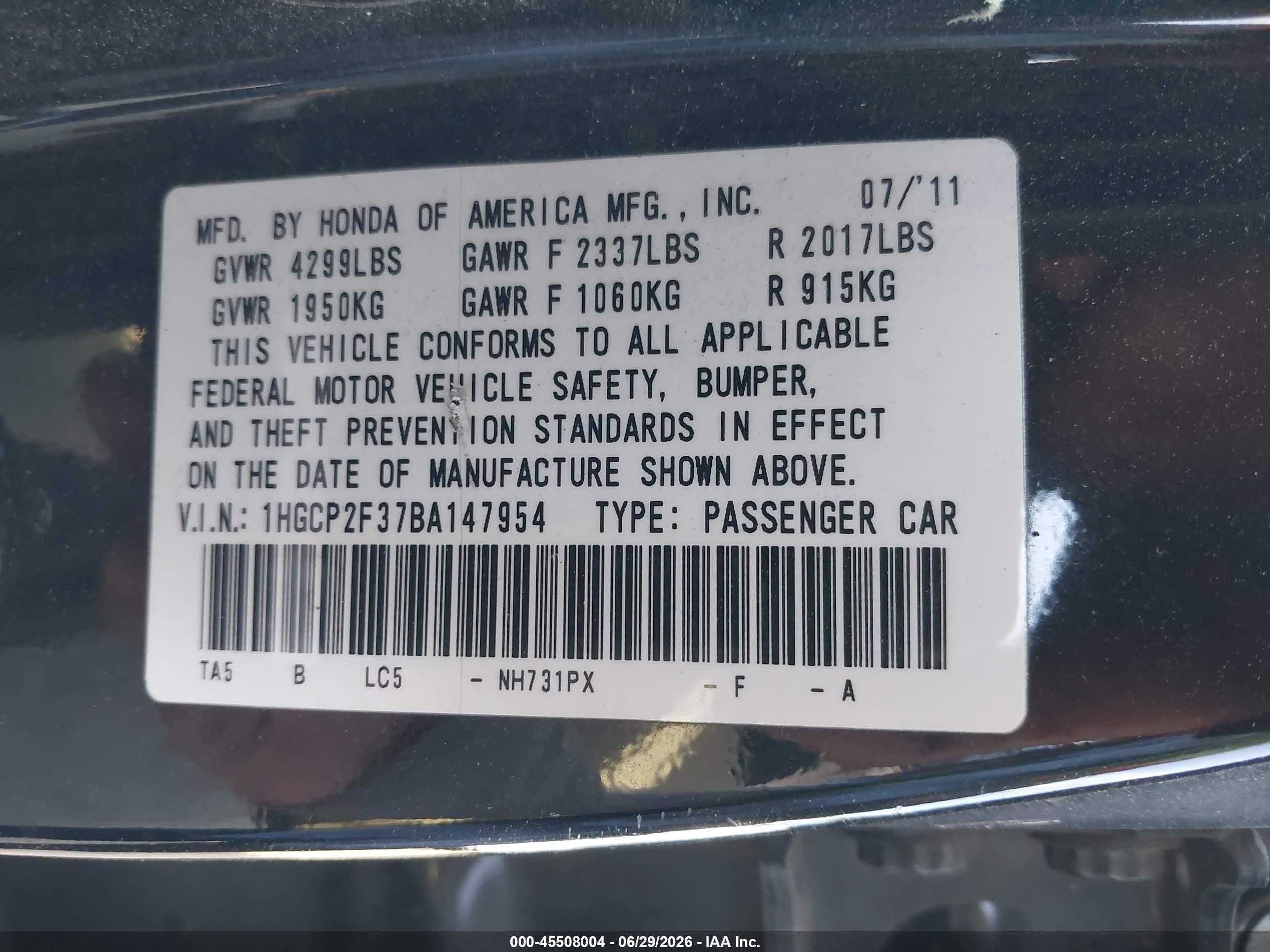 2011 Honda Accord 2.4 Lx Black vin: 1HGCP2F37BA147954