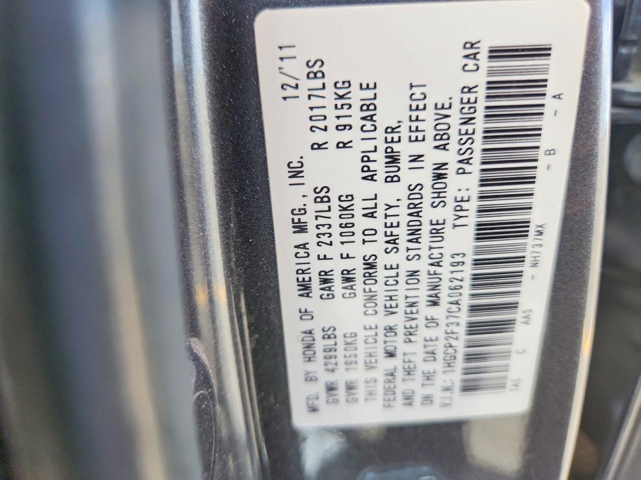 2012 Honda Accord Lx Gray vin: 1HGCP2F37CA062193