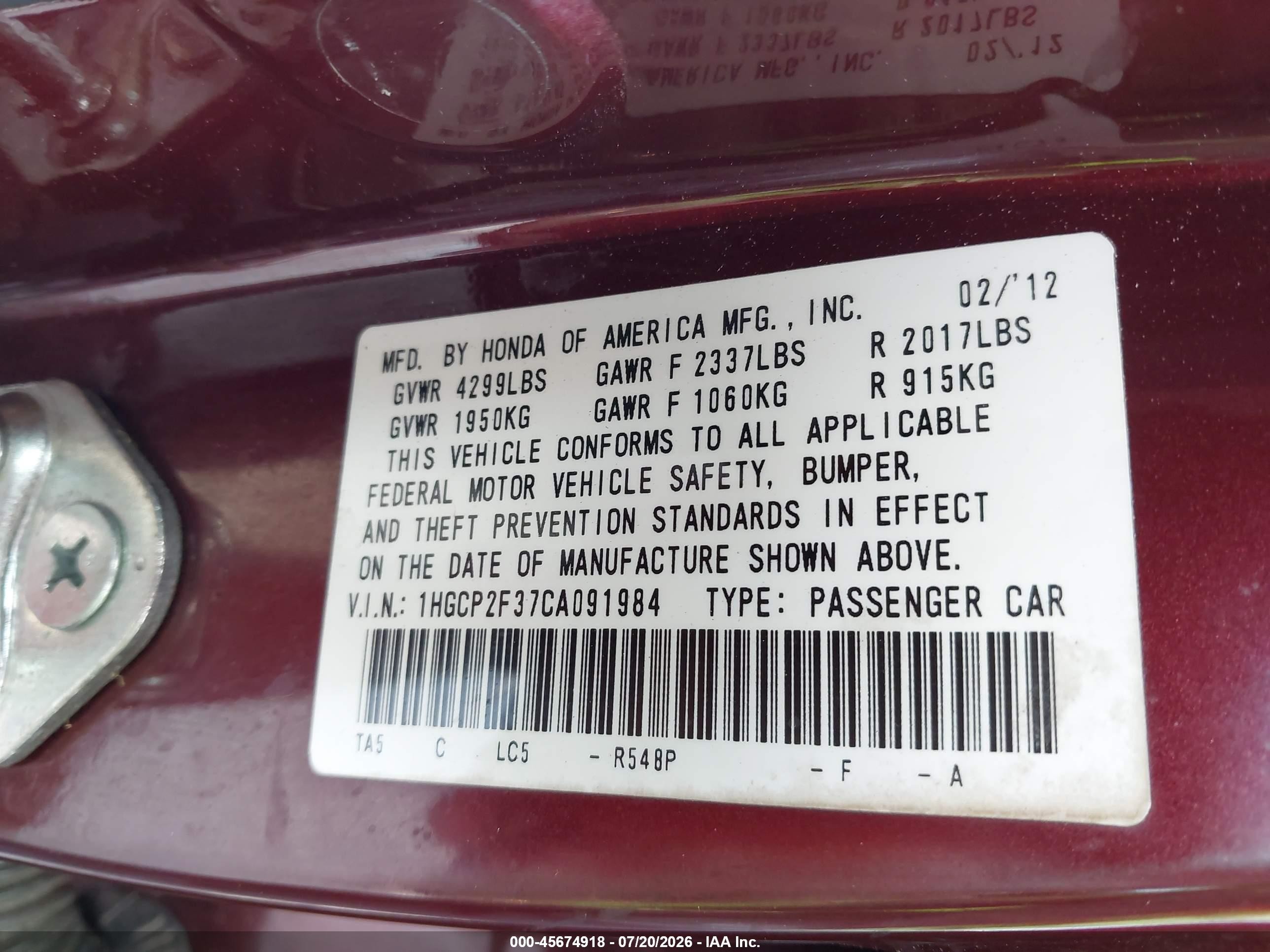 2012 Honda Accord 2.4 Lx Maroon vin: 1HGCP2F37CA091984