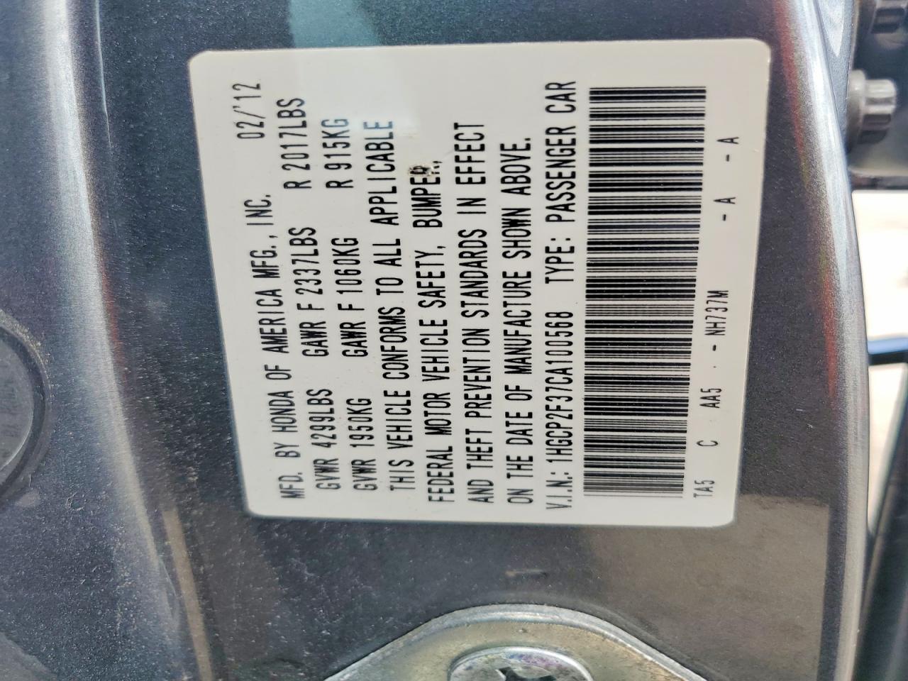 2012 Honda Accord Lx Gray vin: 1HGCP2F37CA100568