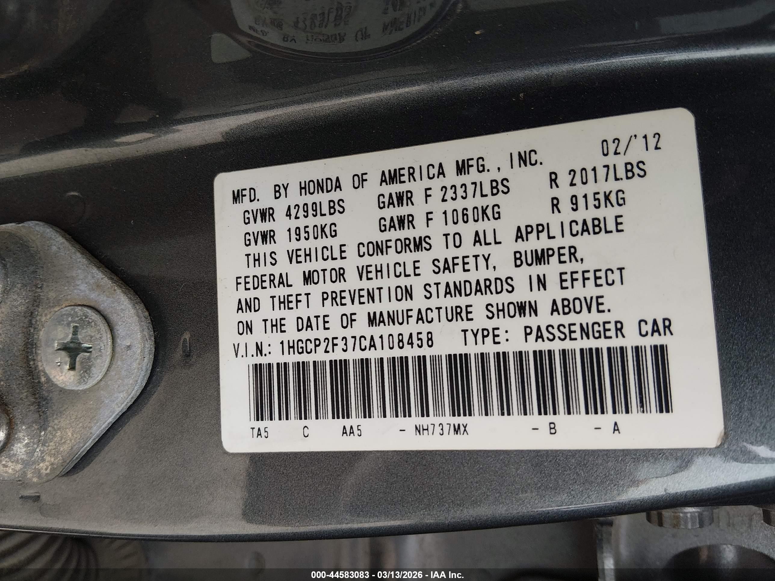 2012 Honda Accord 2.4 Lx Gray vin: 1HGCP2F37CA108458