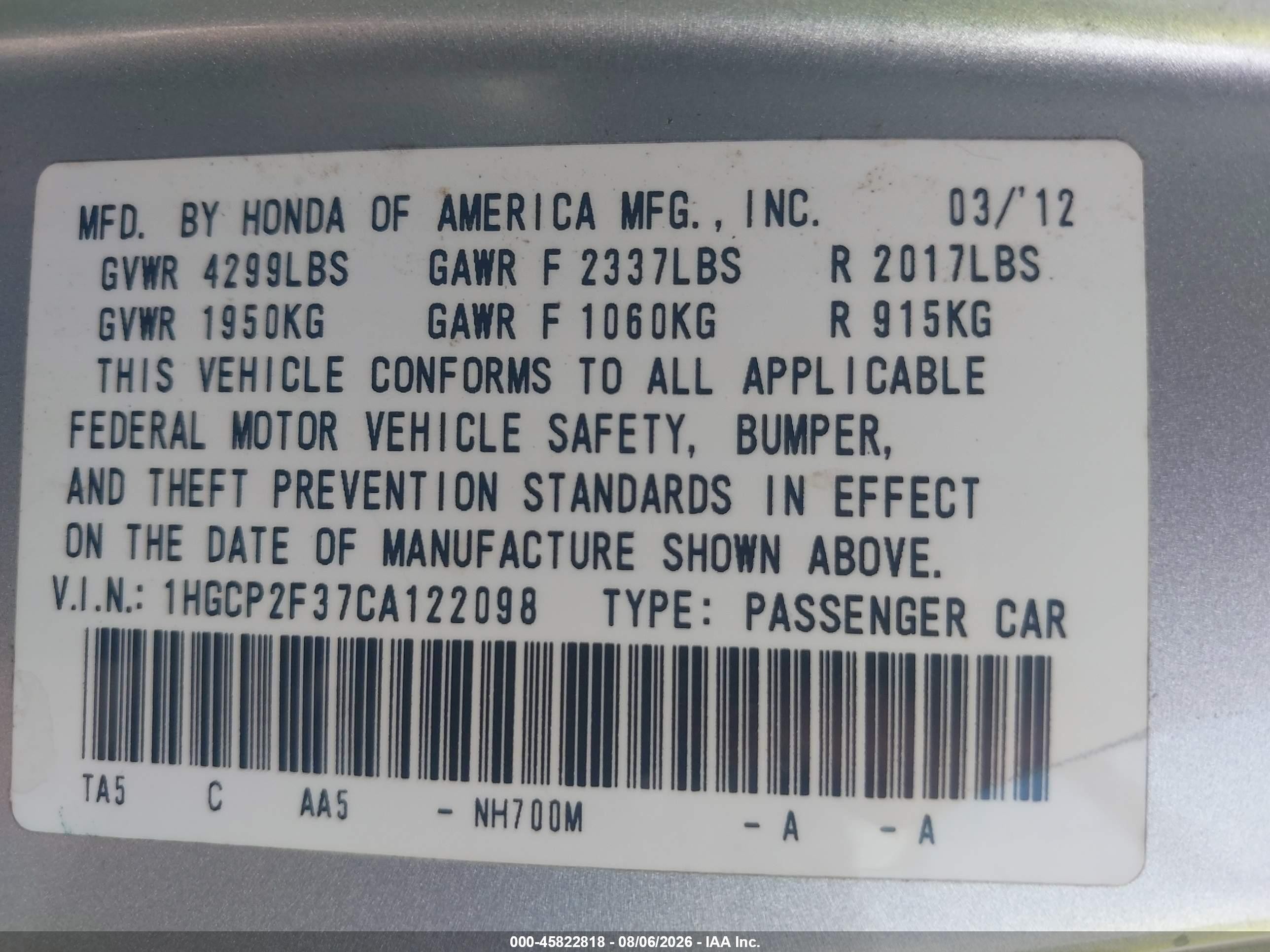 2012 Honda Accord Sdn Lx Silver vin: 1HGCP2F37CA122098