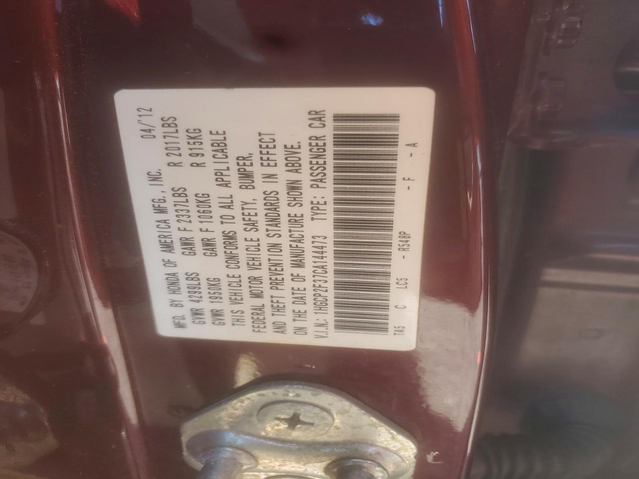 2012 Honda Accord Lx Burgundy vin: 1HGCP2F37CA144473