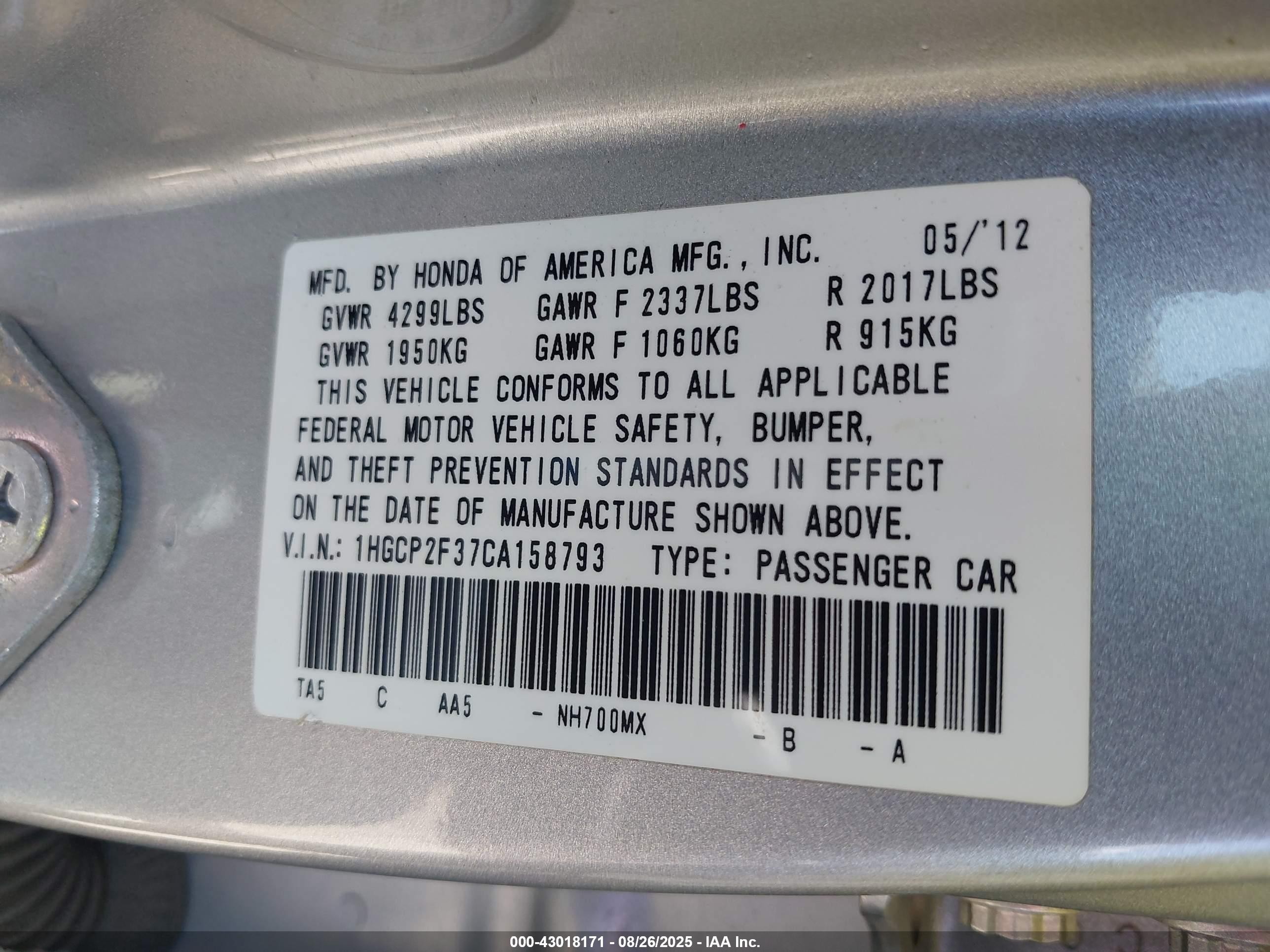 2012 Honda Accord 2.4 Lx Silver vin: 1HGCP2F37CA158793