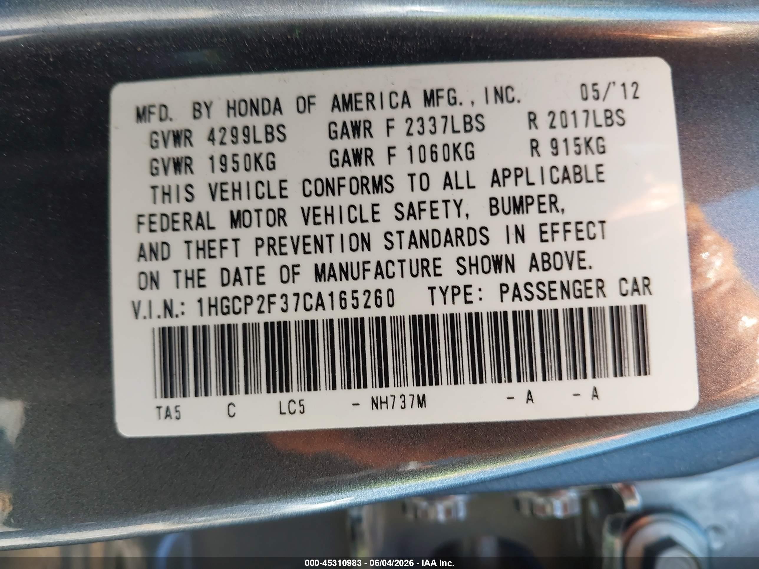 2012 Honda Accord 2.4 Lx Gray vin: 1HGCP2F37CA165260