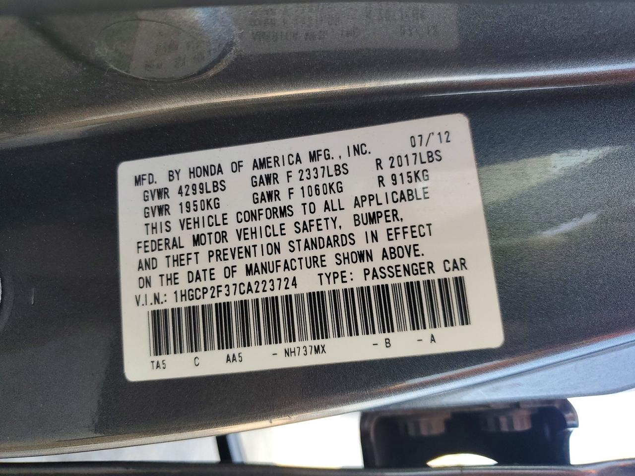 2012 Honda Accord Lx Gray vin: 1HGCP2F37CA223724