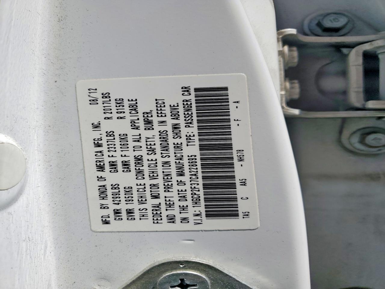 2012 Honda Accord White vin: 1HGCP2F37CA228695