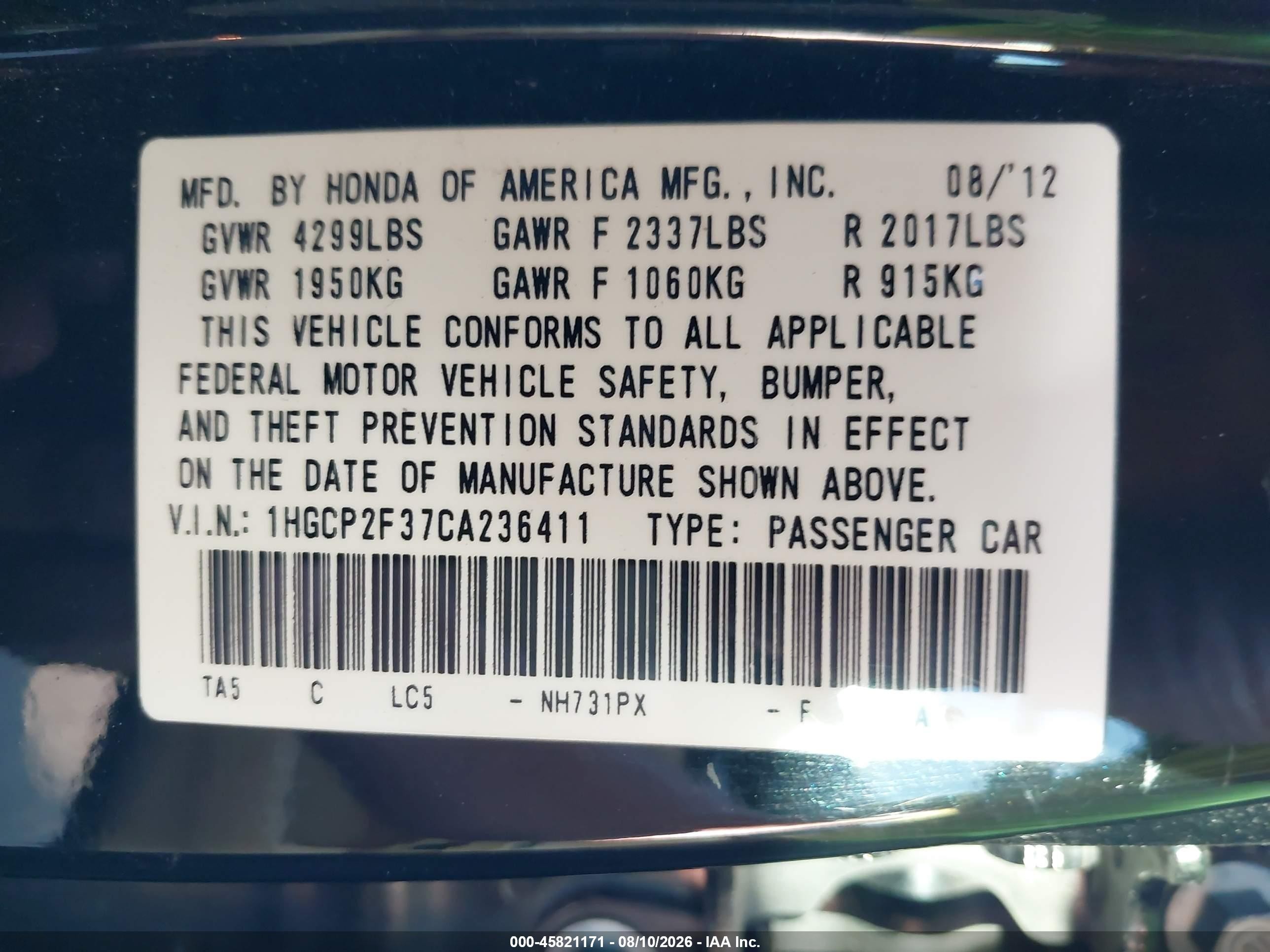 2012 Honda Accord 2.4 Lx Black vin: 1HGCP2F37CA236411