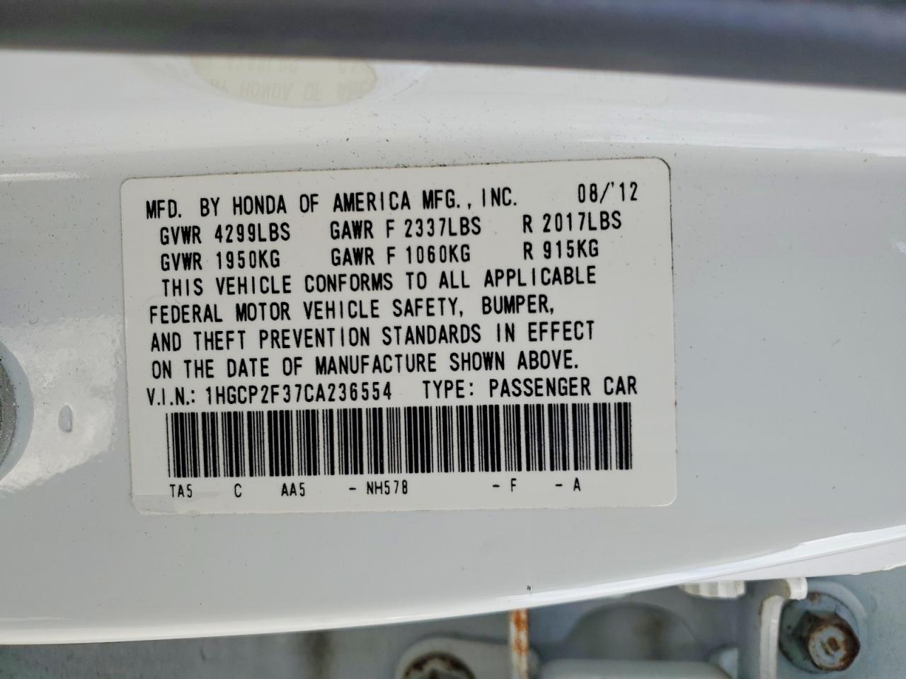 2012 Honda Accord Lx White vin: 1HGCP2F37CA236554