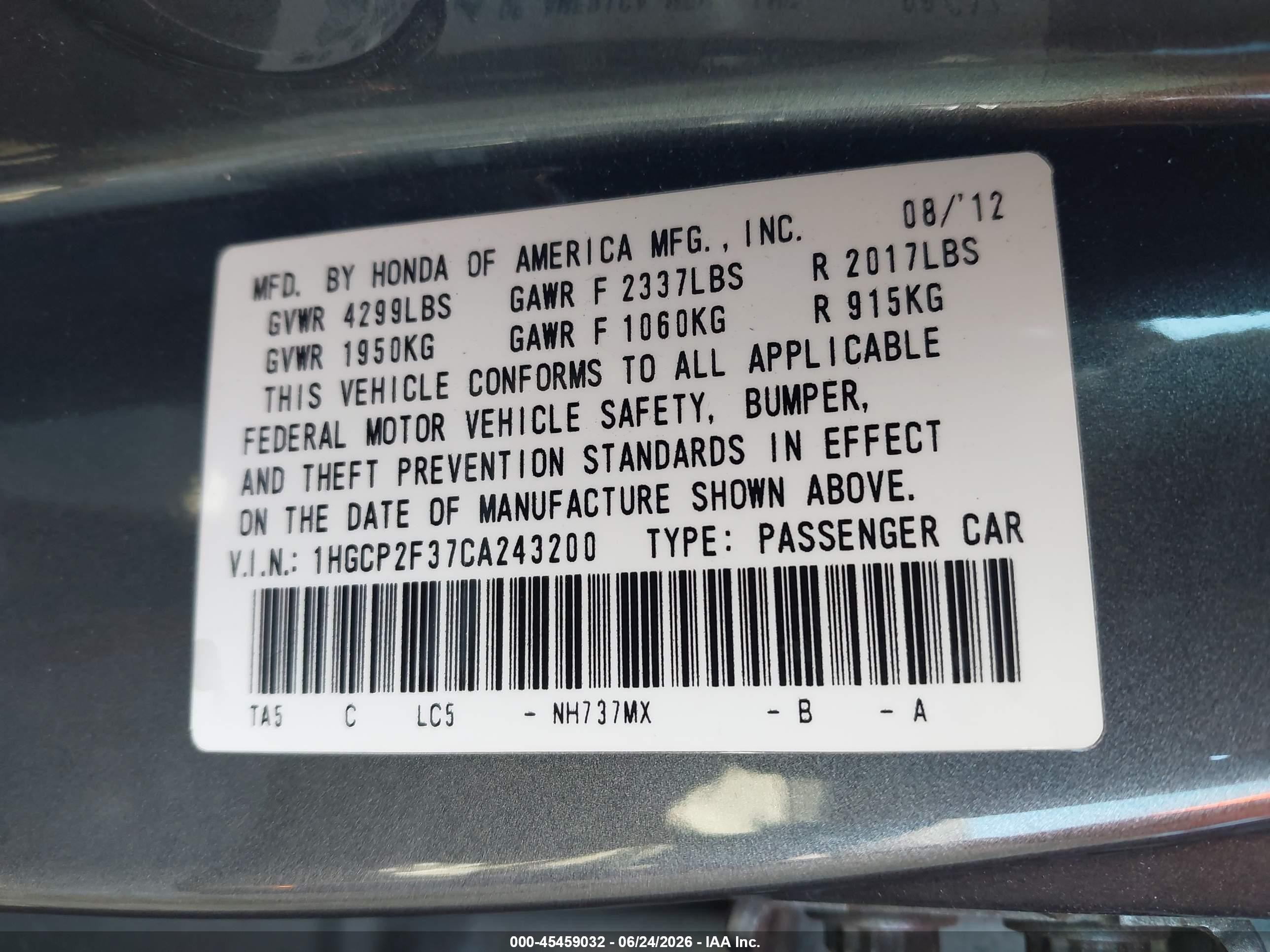 2012 Honda Accord 2.4 Lx Gray vin: 1HGCP2F37CA243200