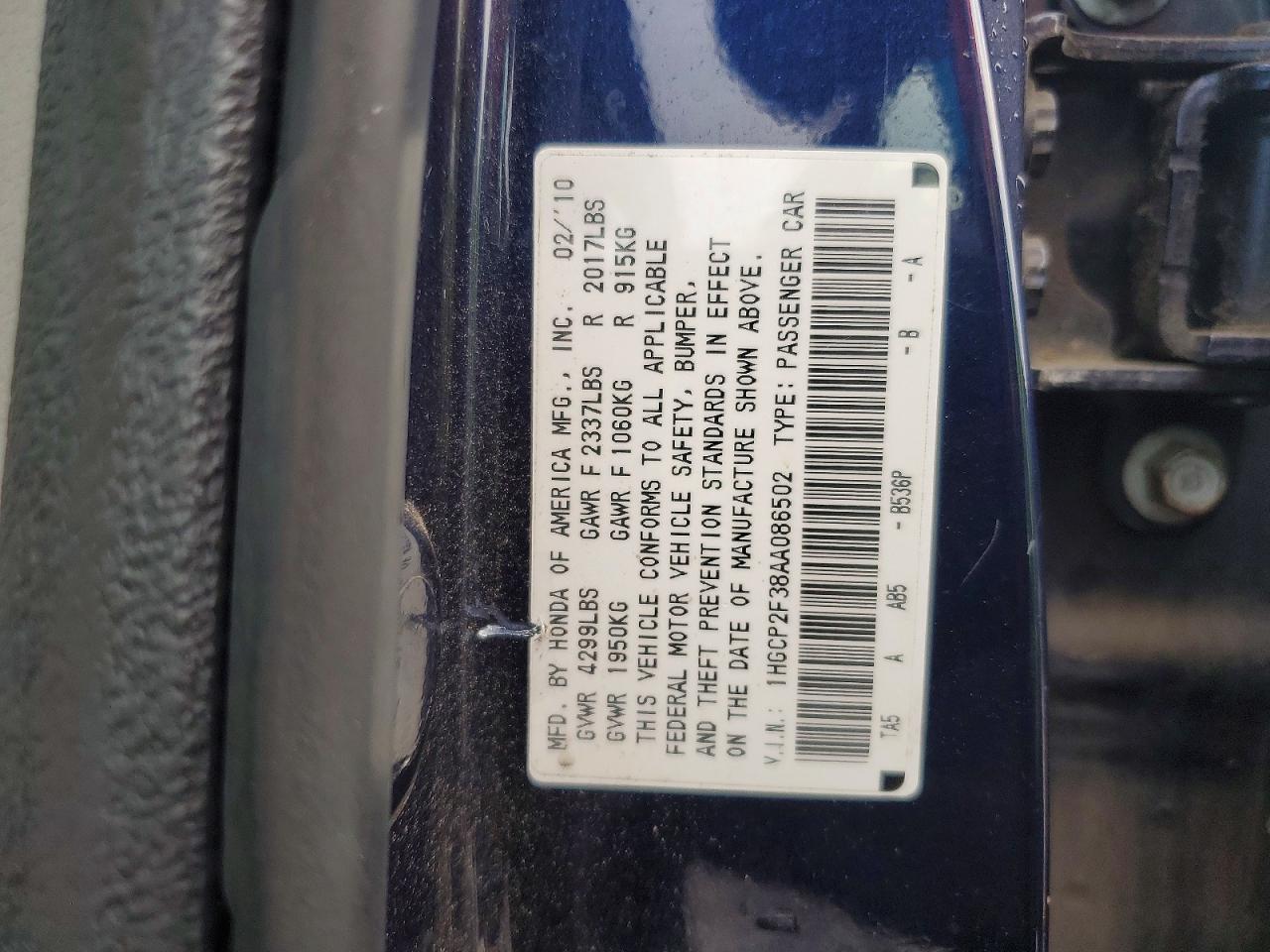 2010 Honda Accord Lx Blue vin: 1HGCP2F38AA086502