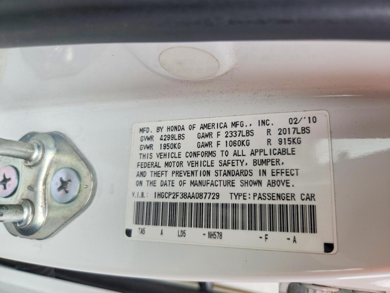 2010 Honda Accord Lx Белый vin: 1HGCP2F38AA087729
