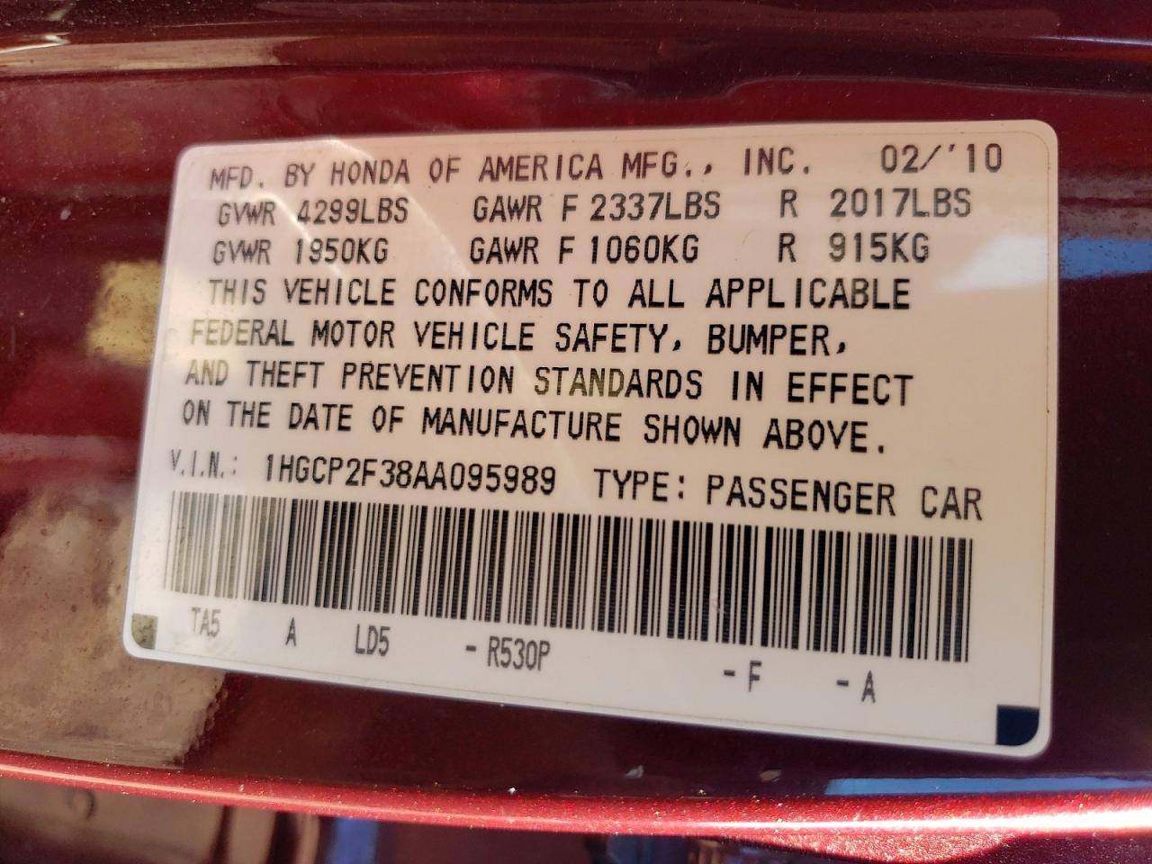 2010 Honda Accord Lx Red vin: 1HGCP2F38AA095989