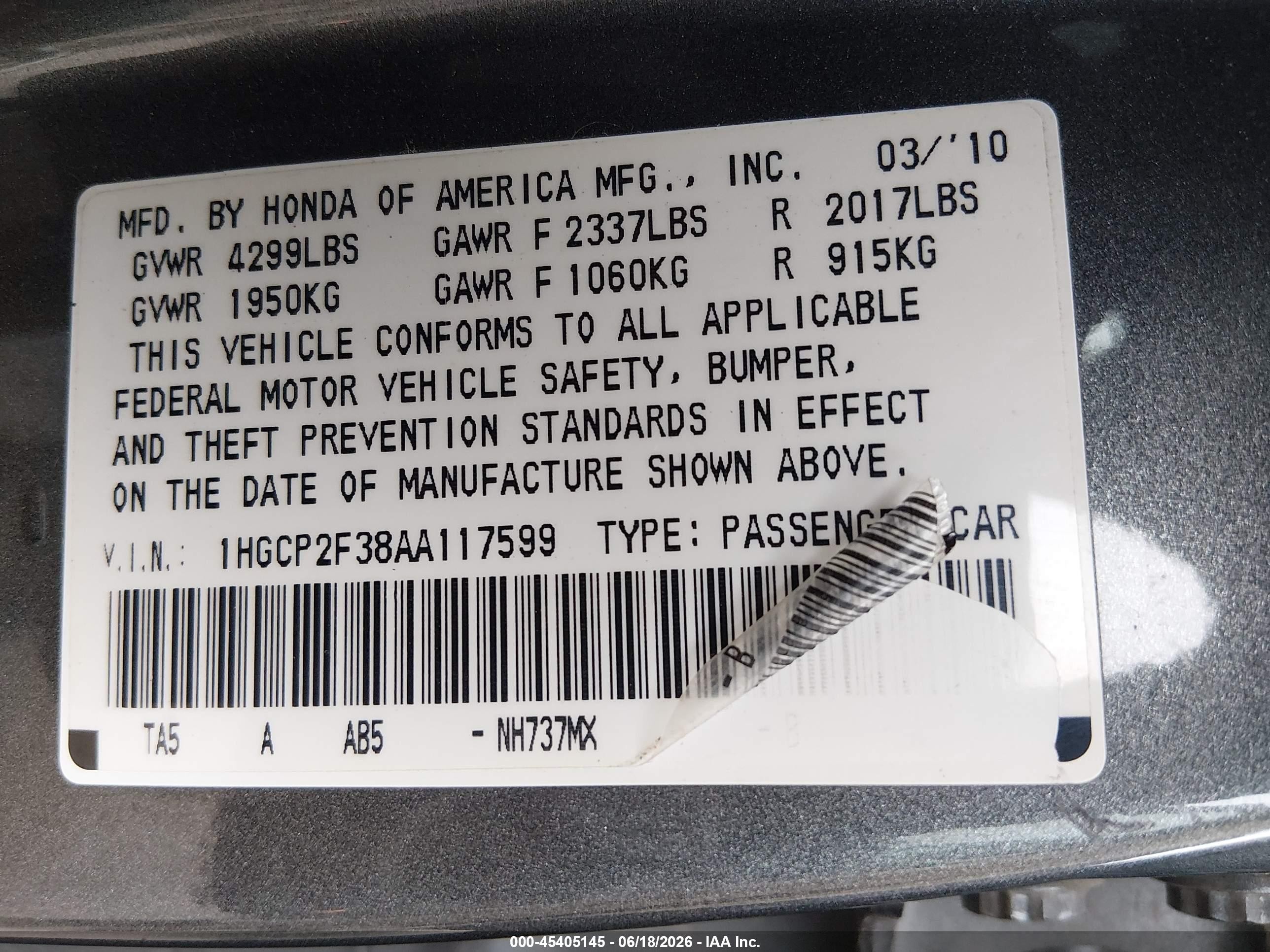 2010 Honda Accord 2.4 Lx Gray vin: 1HGCP2F38AA117599