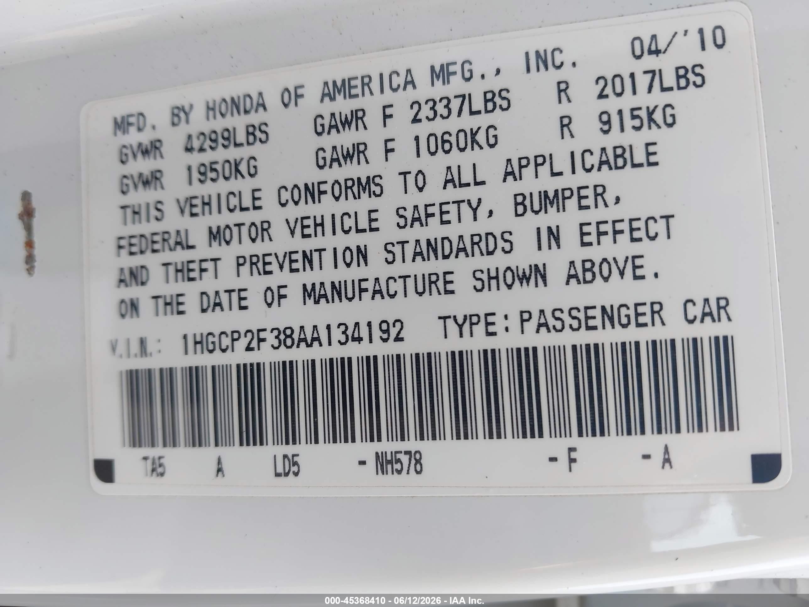 2010 Honda Accord 2.4 Lx White vin: 1HGCP2F38AA134192