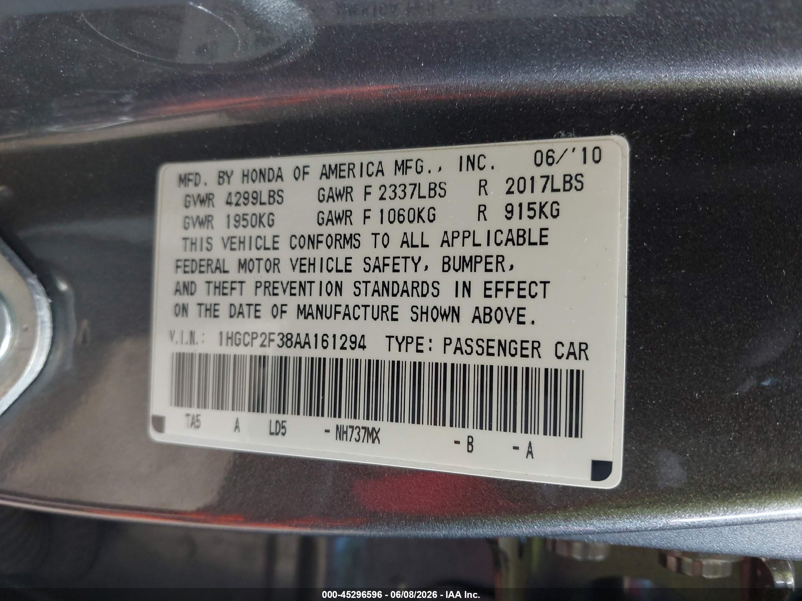 2010 Honda Accord 2.4 Lx Gray vin: 1HGCP2F38AA161294