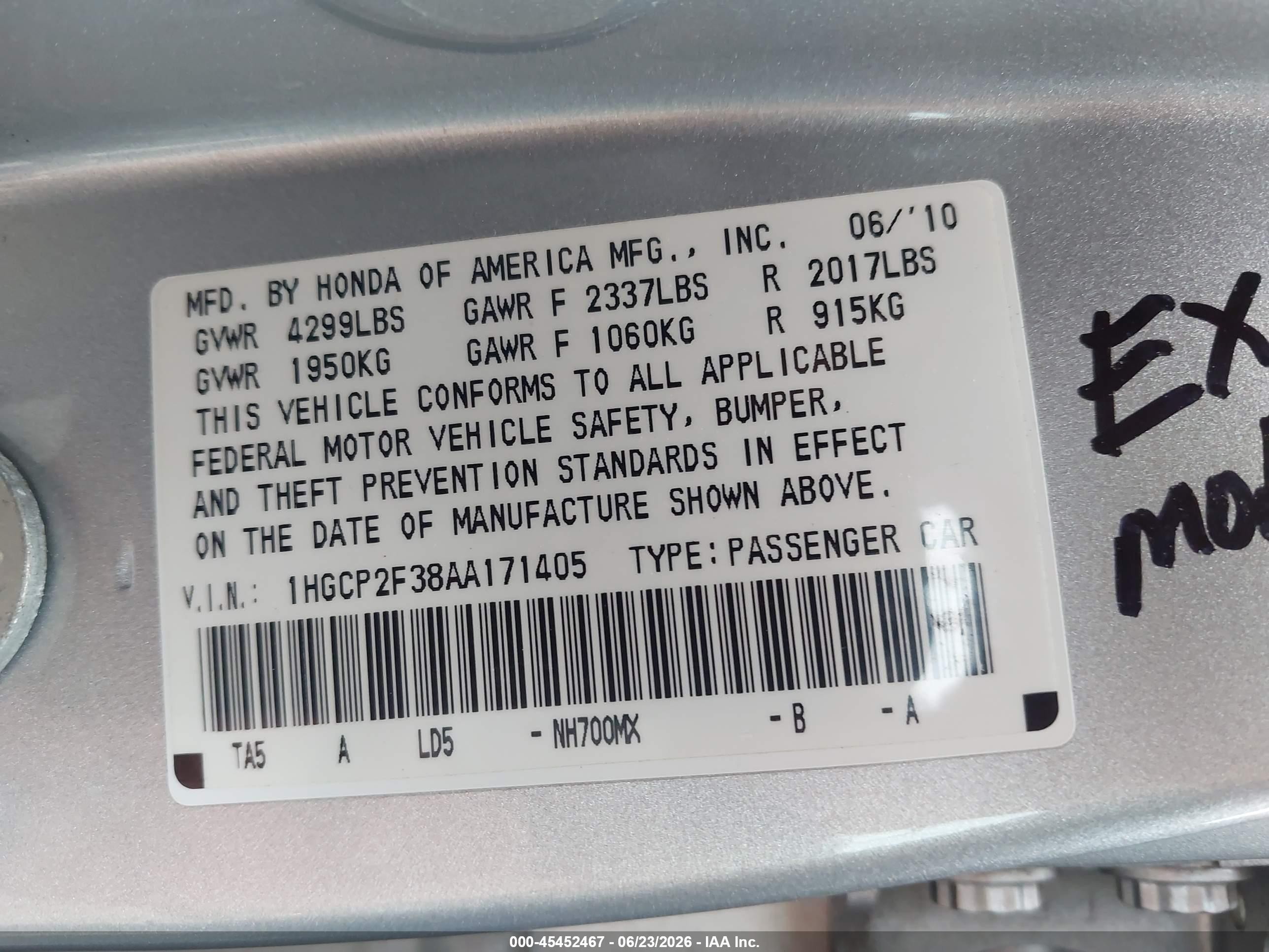 2010 Honda Accord 2.4 Lx Серебряный vin: 1HGCP2F38AA171405