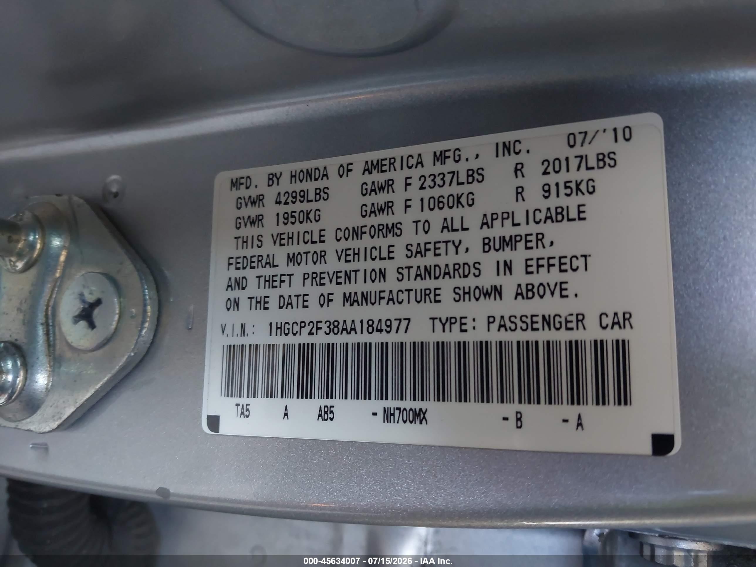 2010 Honda Accord 2.4 Lx Silver vin: 1HGCP2F38AA184977