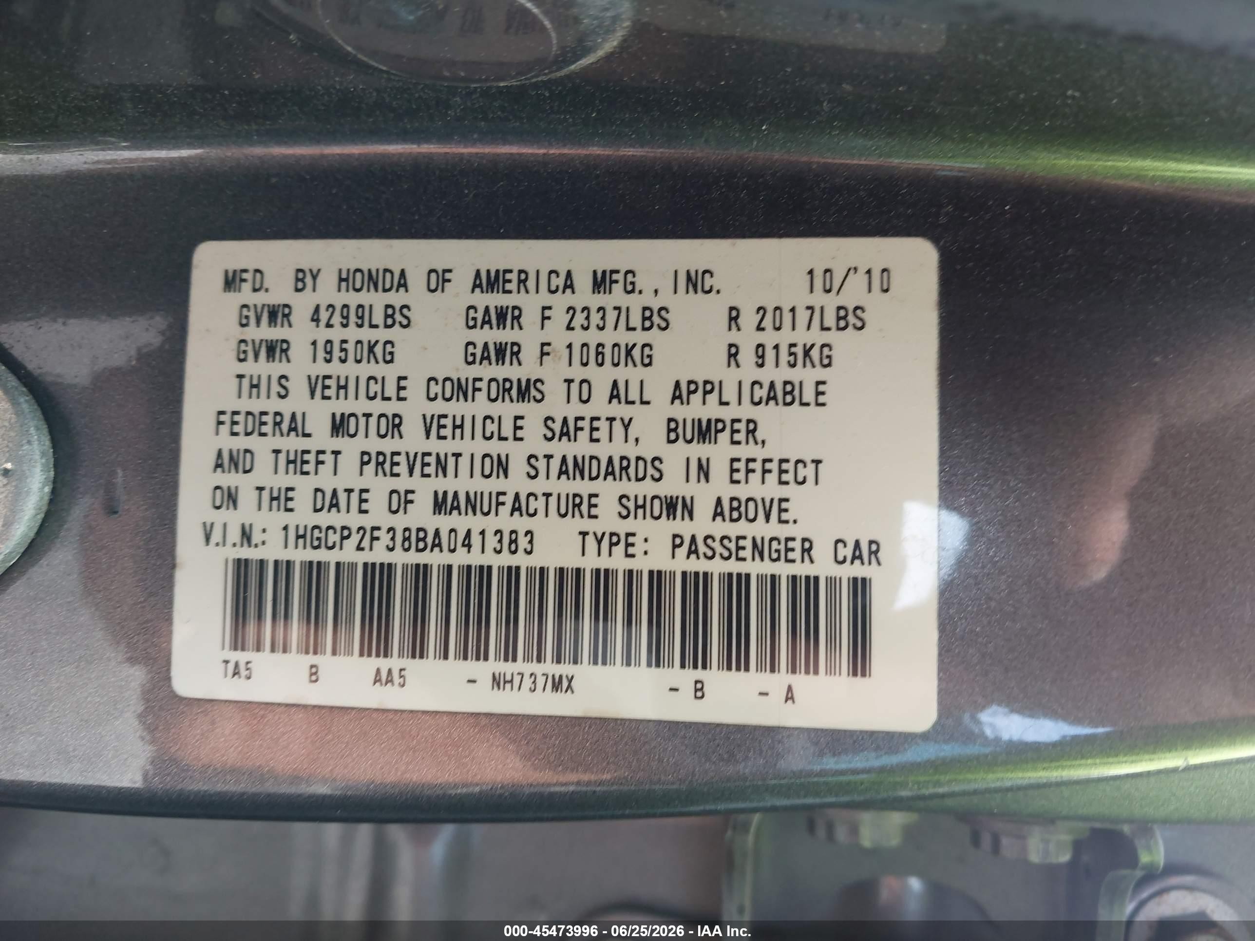 2011 Honda Accord 2.4 Lx Gray vin: 1HGCP2F38BA041383