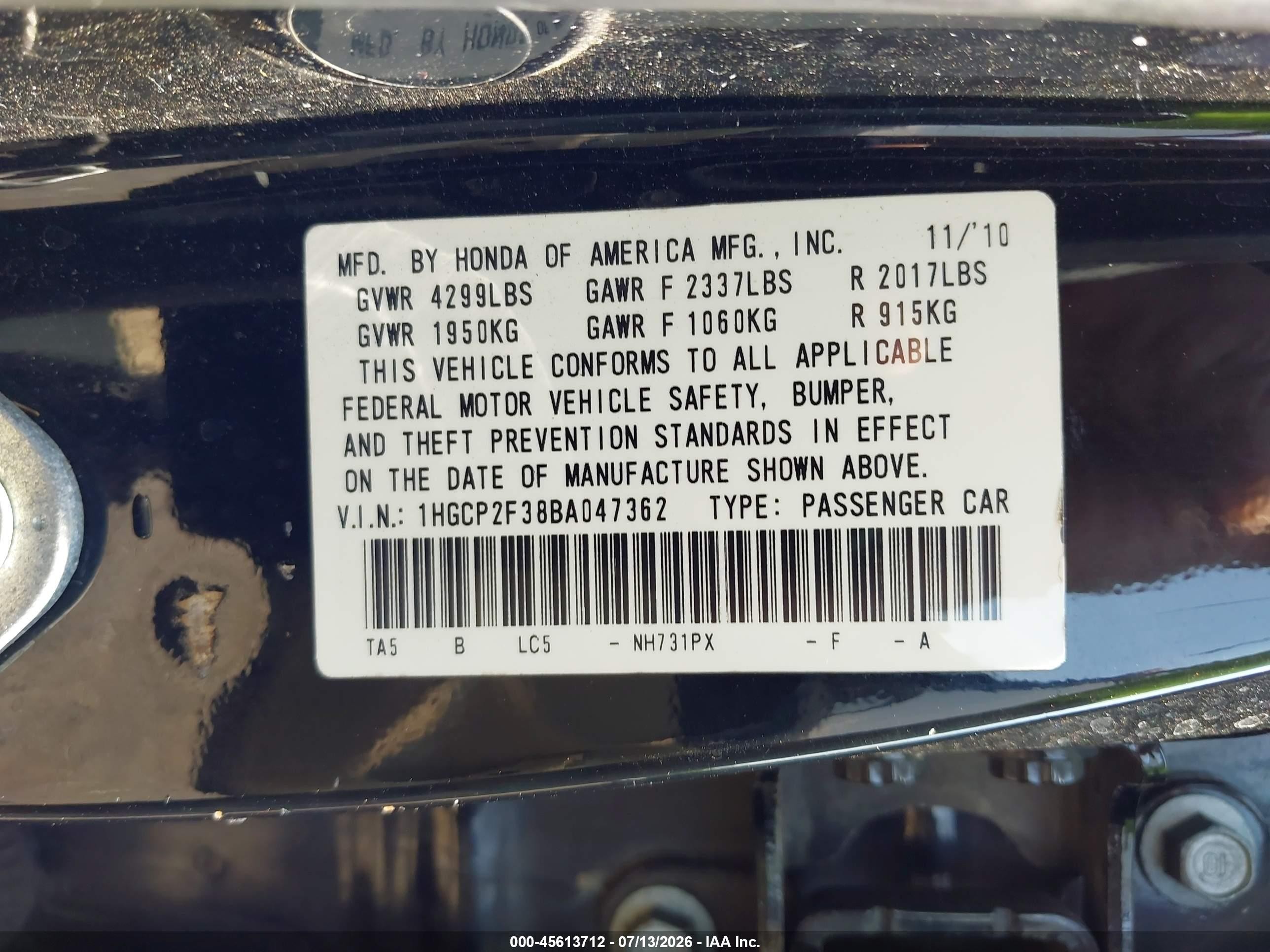 2011 Honda Accord 2.4 Lx Black vin: 1HGCP2F38BA047362