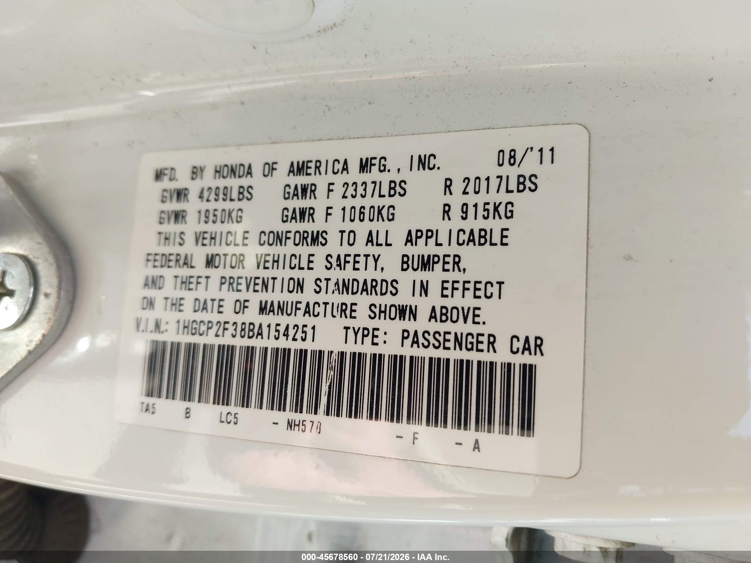 2011 Honda Accord 2.4 Lx Белый vin: 1HGCP2F38BA154251
