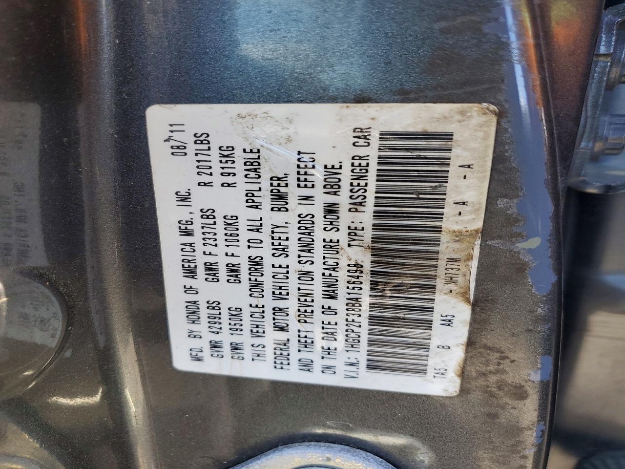 2011 Honda Accord Lx Gray vin: 1HGCP2F38BA156498