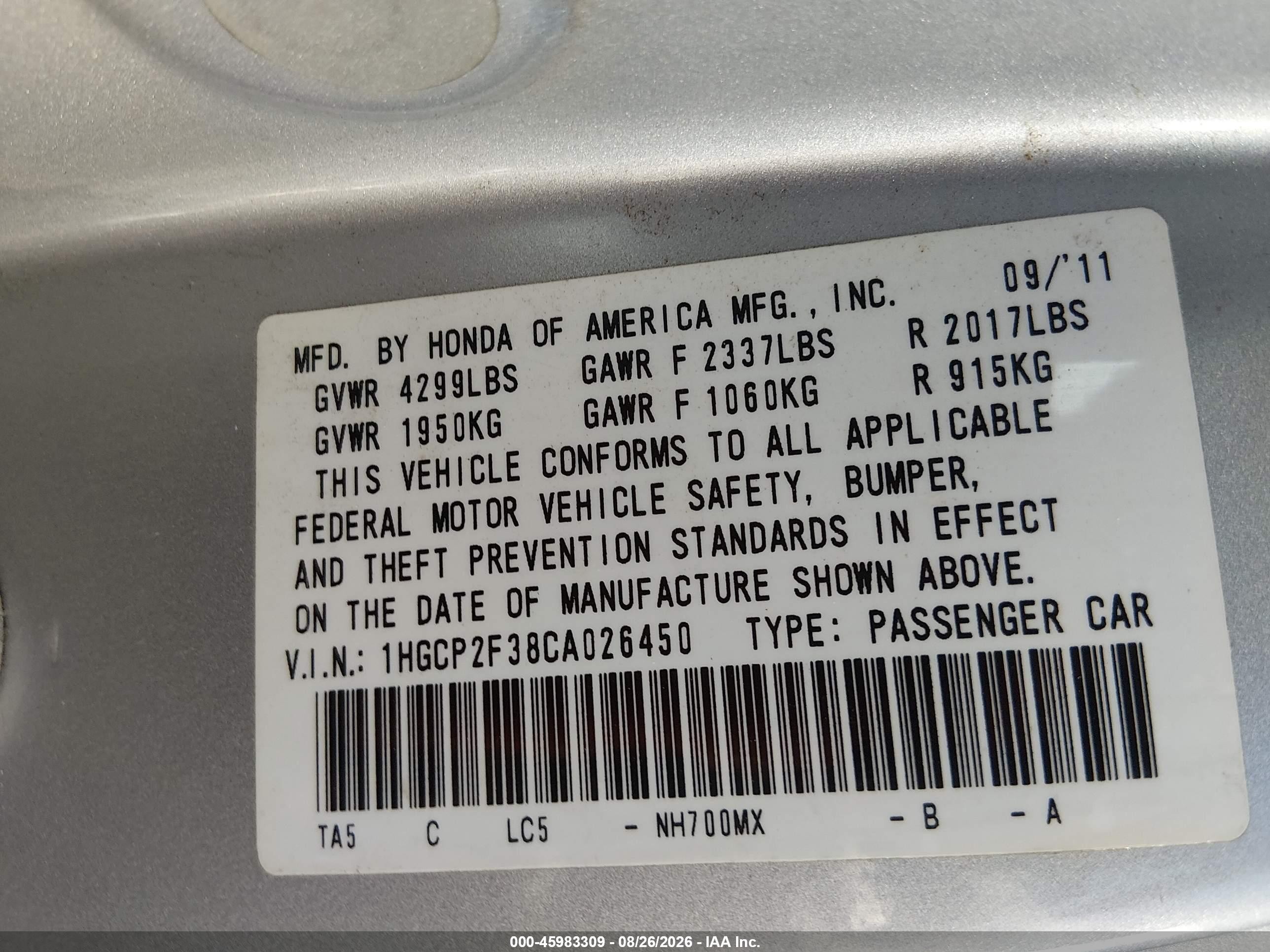 2012 Honda Accord 2.4 Lx Gray vin: 1HGCP2F38CA026450