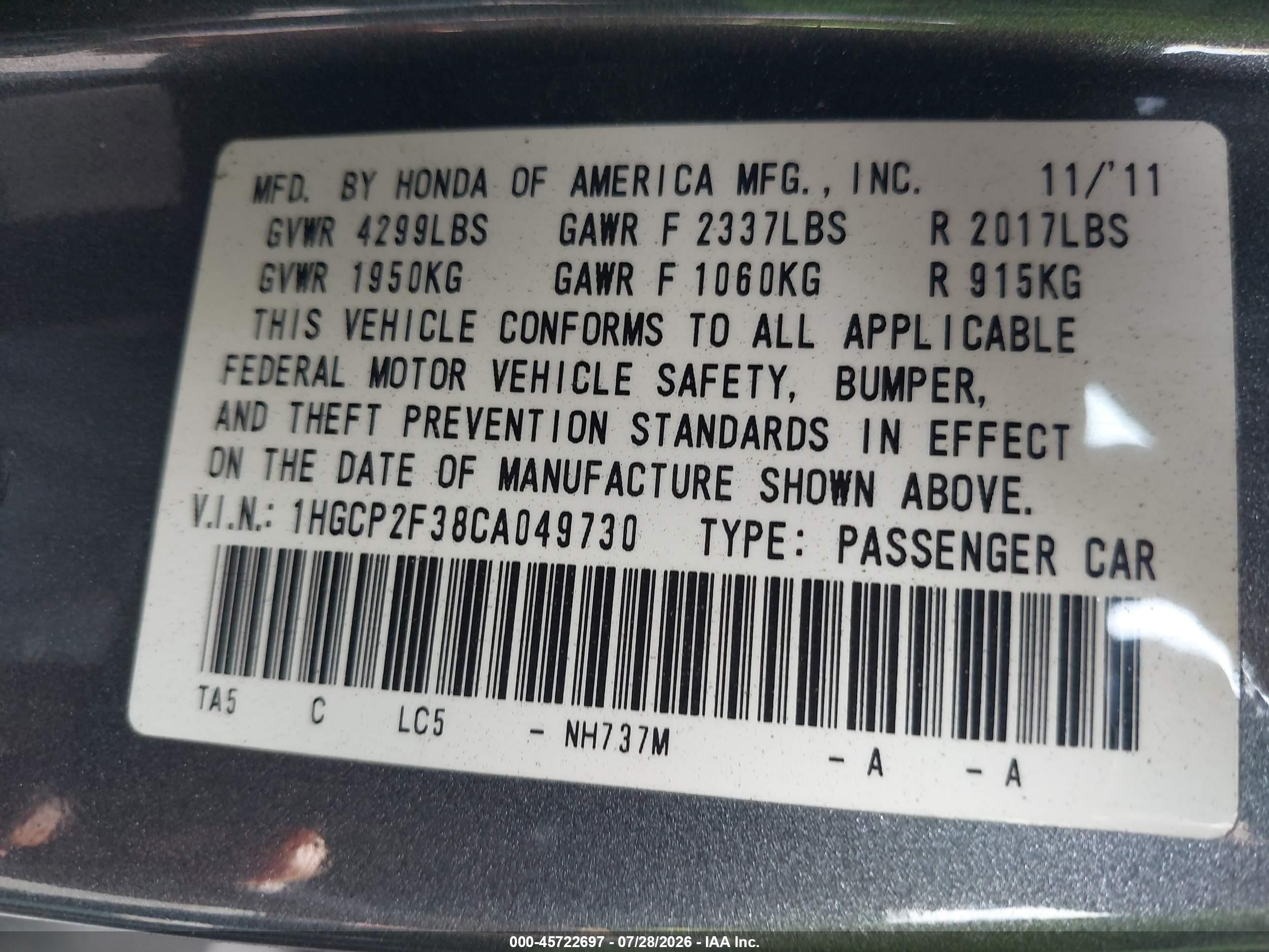 2012 Honda Accord Sdn Lx Gray vin: 1HGCP2F38CA049730
