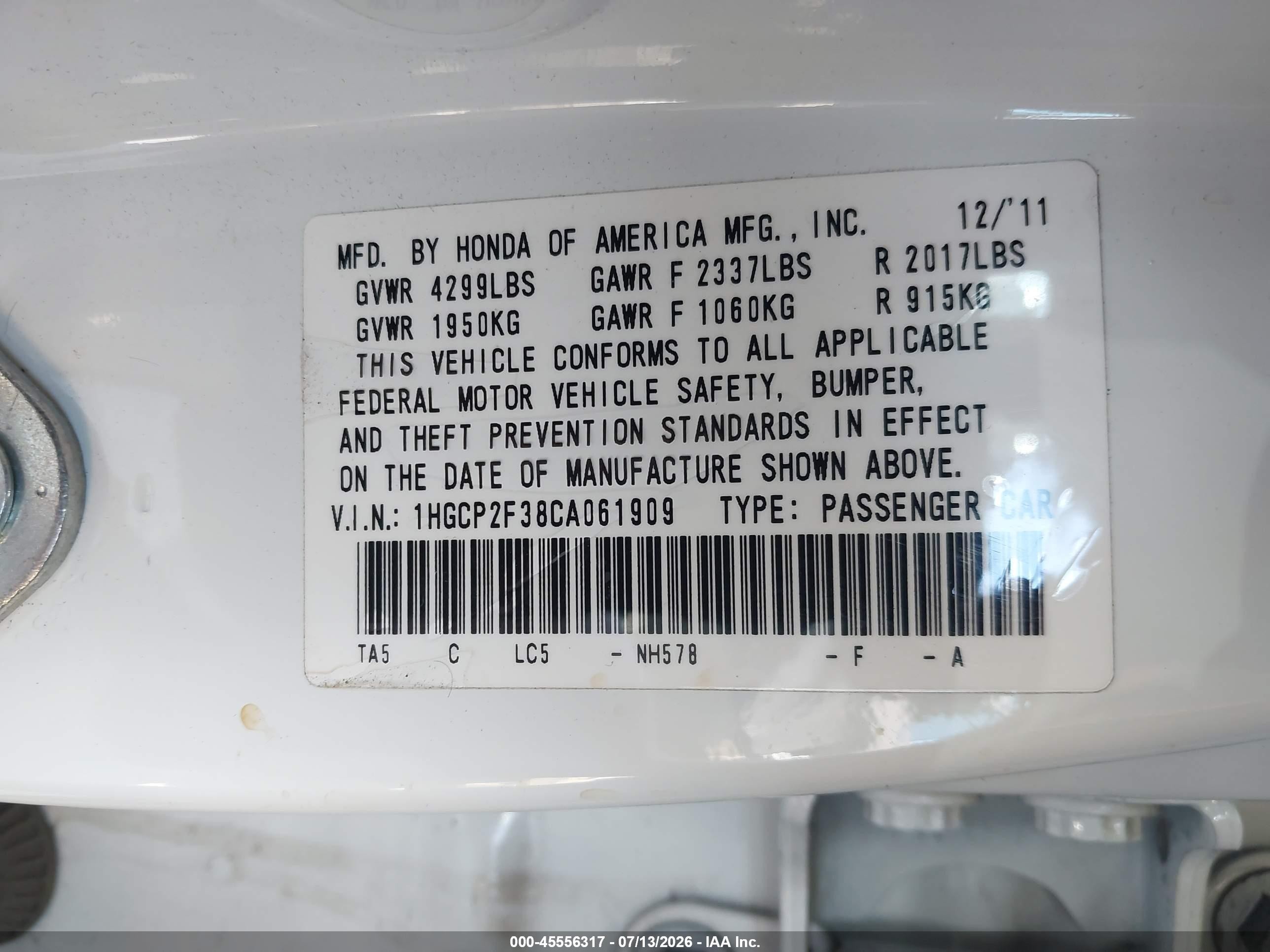 2012 Honda Accord 2.4 Lx White vin: 1HGCP2F38CA061909